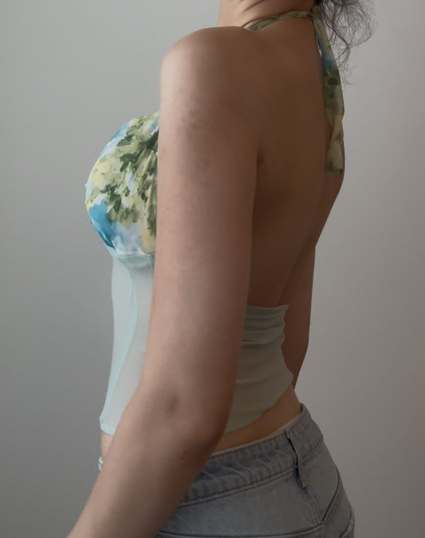 Green and Blue Floral Halter Top