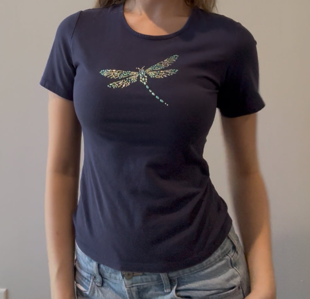 Blue Baby Tee with Dragonfly Rhinestone Design