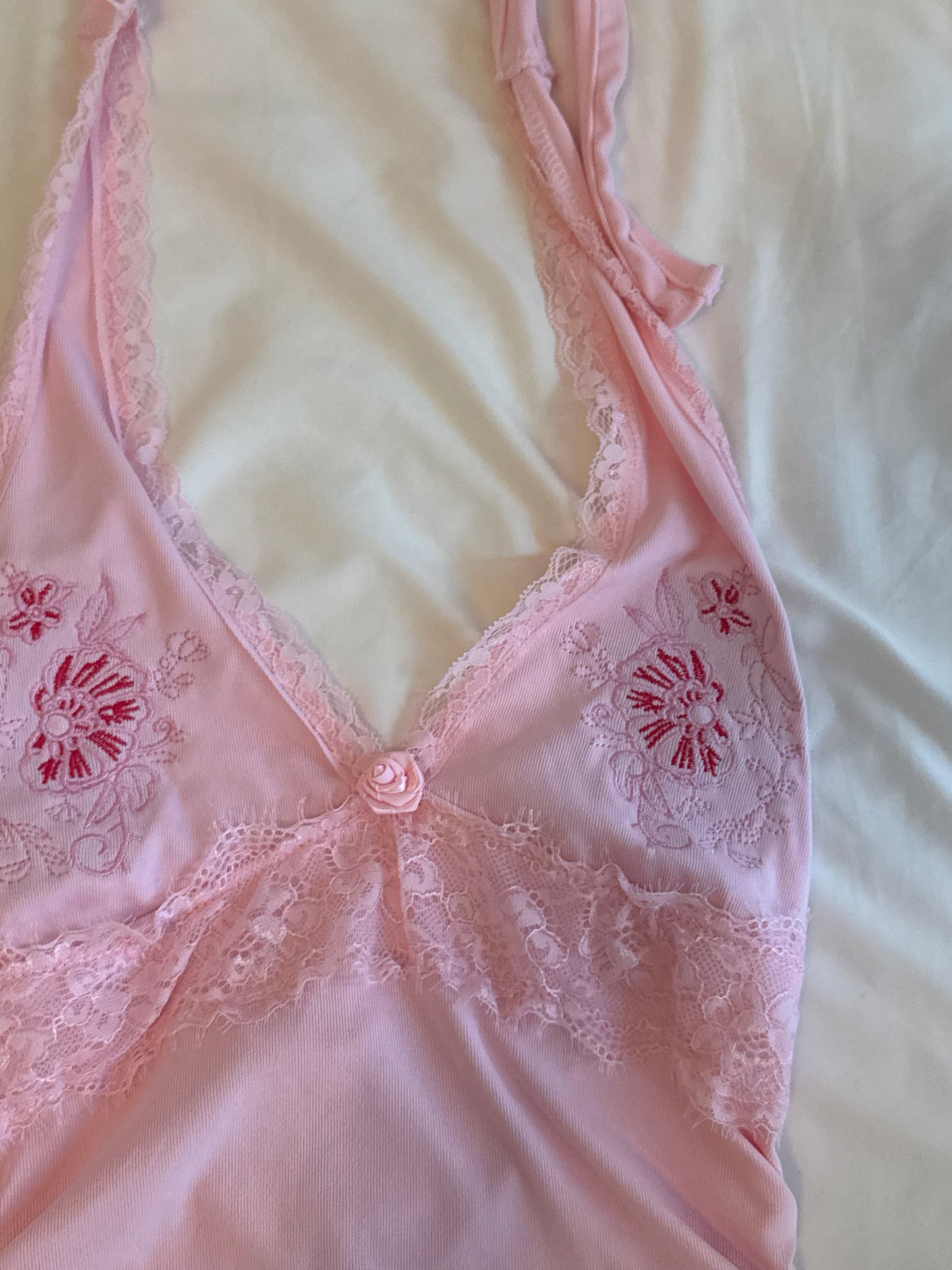 Pink Floral Halter Top with Rose and Embroidery