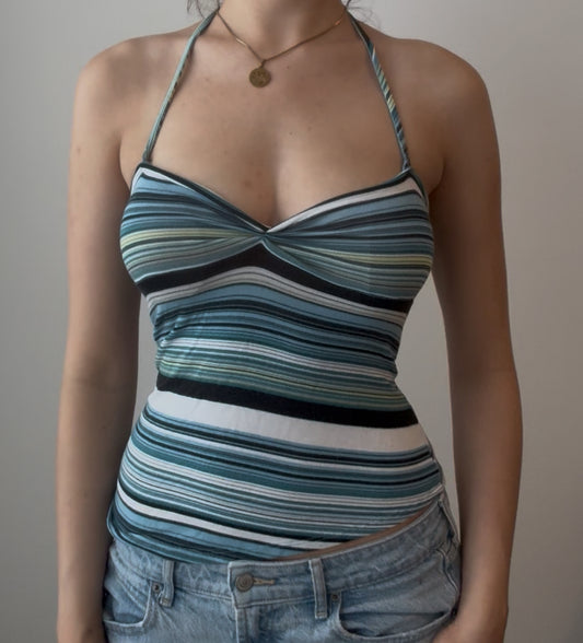 Blue, White, and Black Striped Halter Top