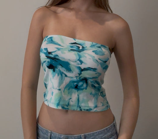 Boho Tube Top with Blue and Green Floral Design