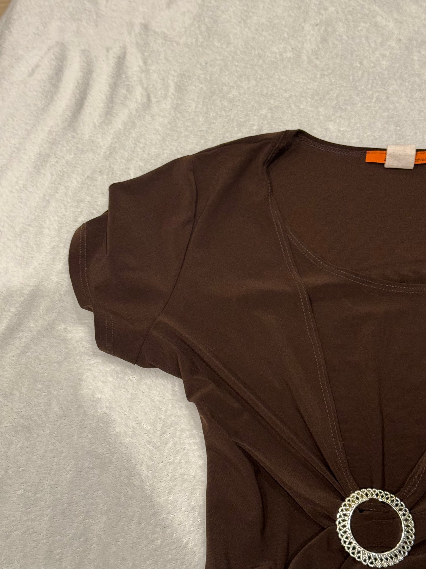 Y2K Brown Top with Silver Ring Accent and Slit
