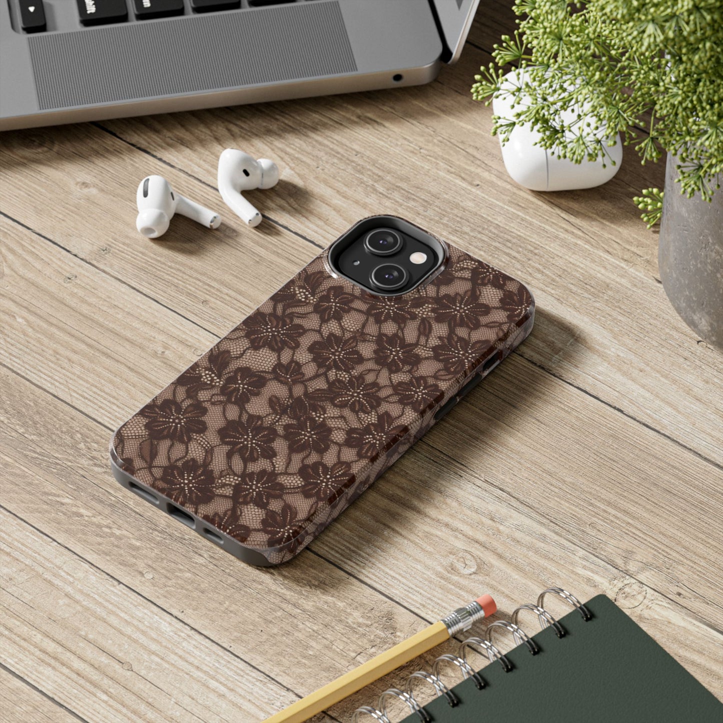 Brown Floral Lace - Protective Phone Case