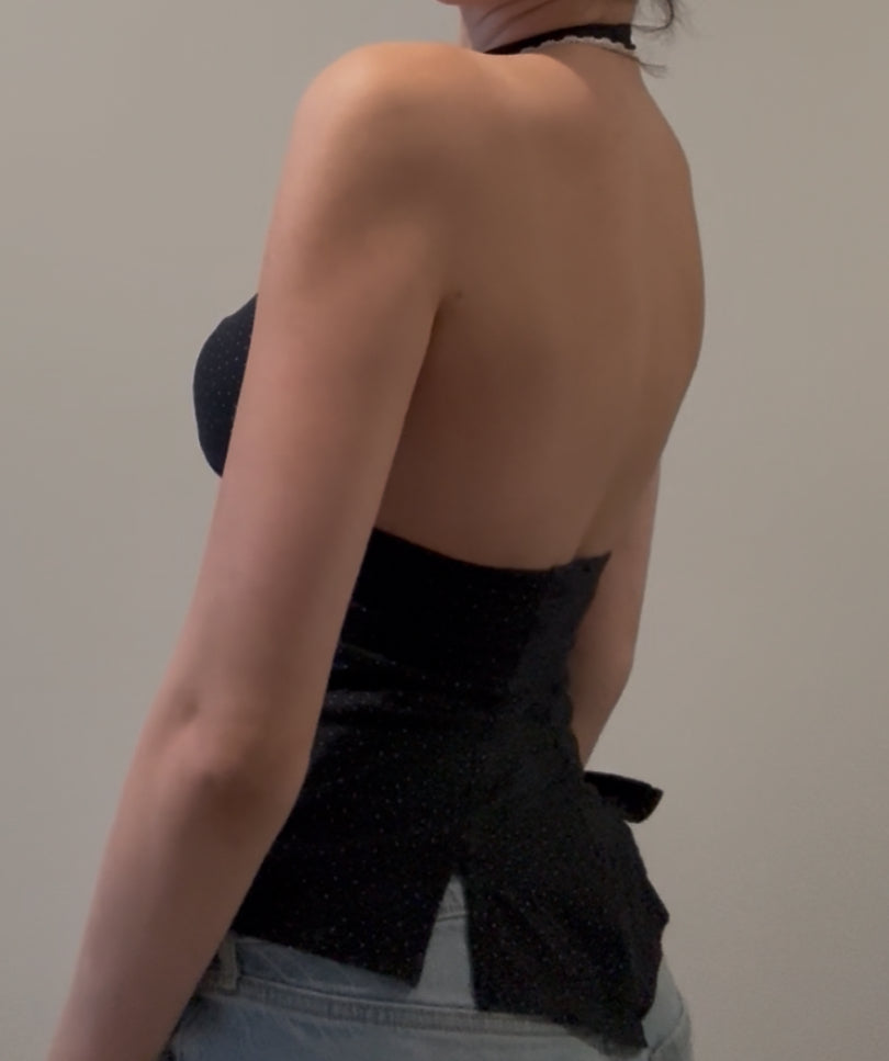 Black and White Dotted Shirt with Ruching, Lace, and Floral Embroidery