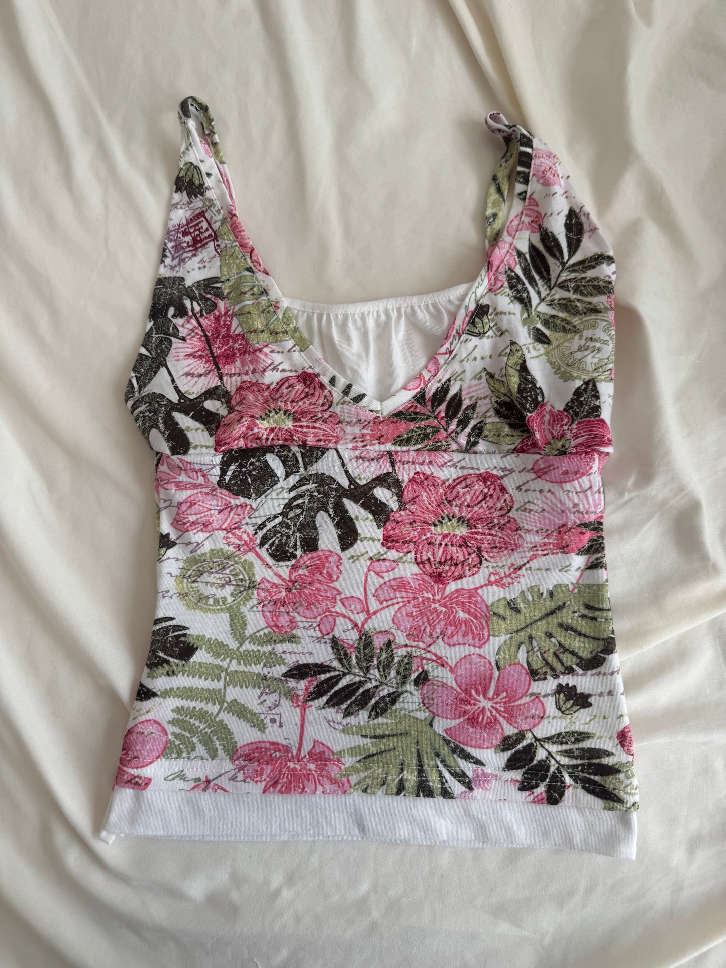 Gorgeous White Top with Pink and Green Print, White Accents