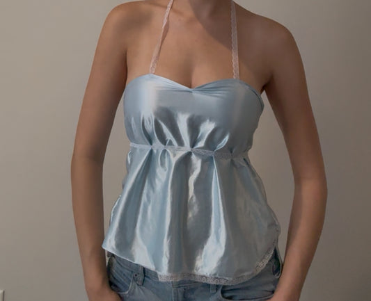 Light Blue Top with Lace Straps as Accents