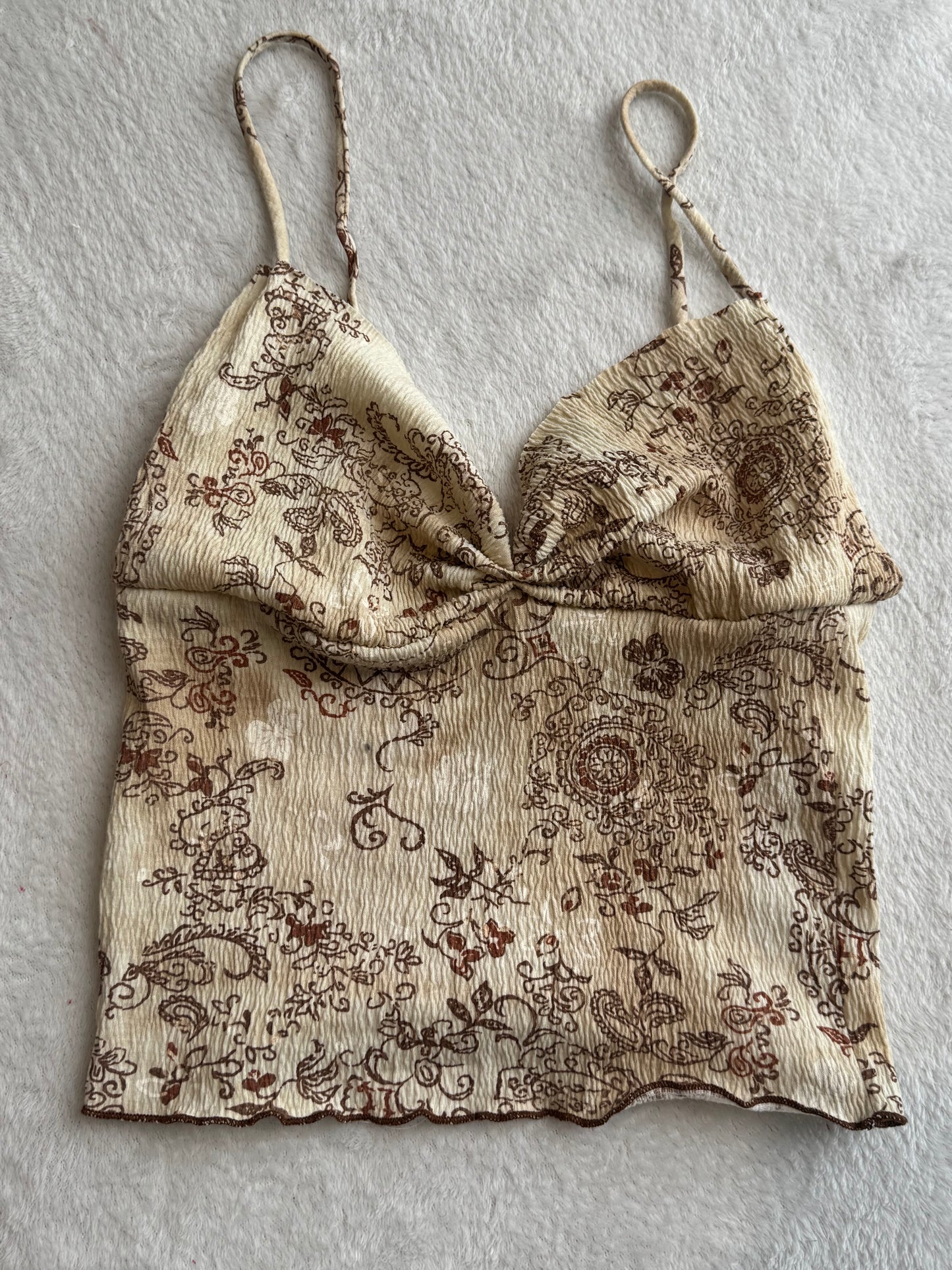 Beige Top with Brown Design and Ruching