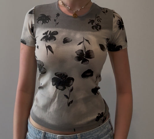 Grey Fitted Top with Black Flowers
