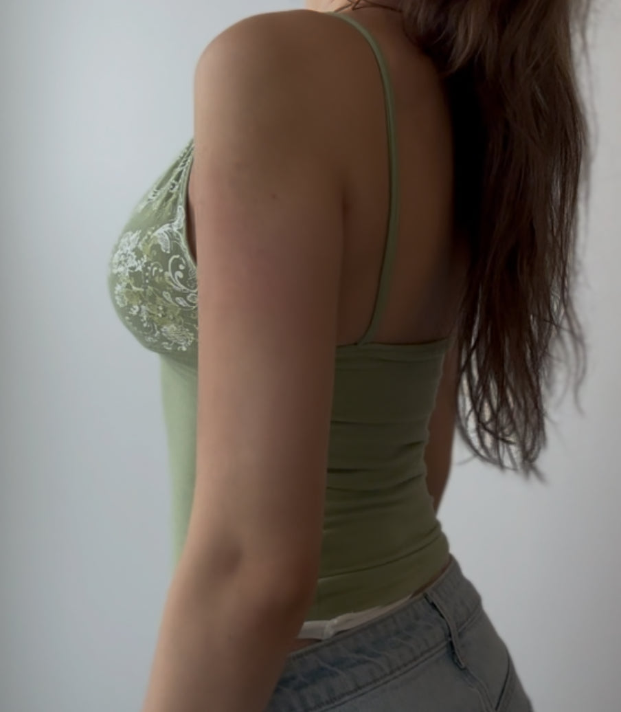 Fitted Green Top with White Floral Design and White Waistband