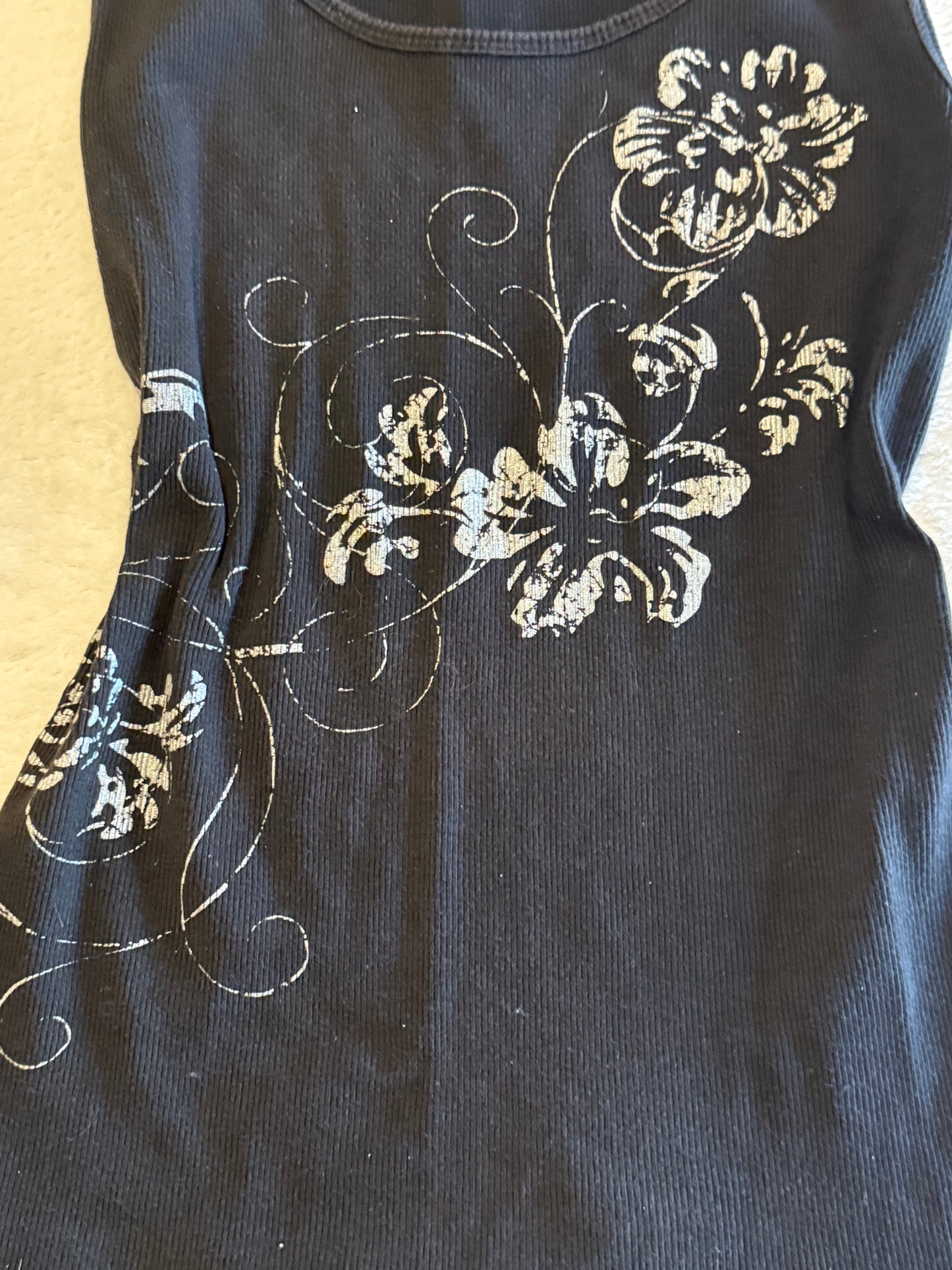 Fitted Black Tank Top with White Floral Design