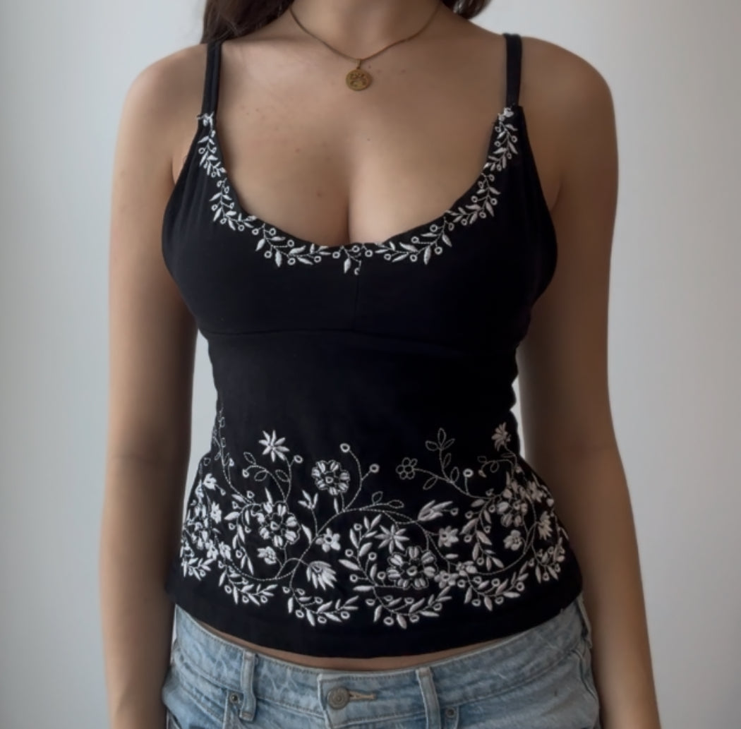 Black Top with White Floral Embroidery