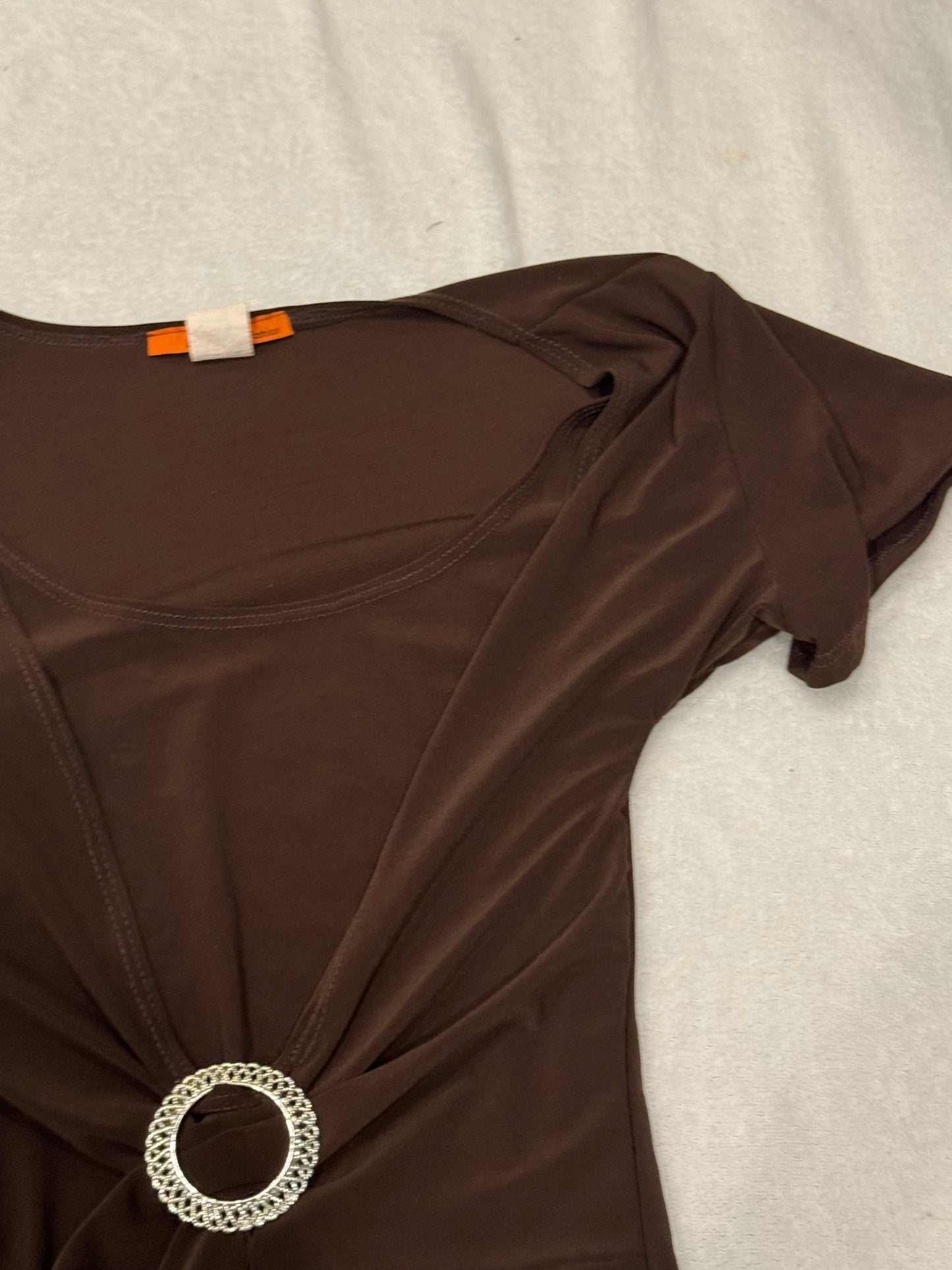 Y2K Brown Top with Silver Ring Accent and Slit