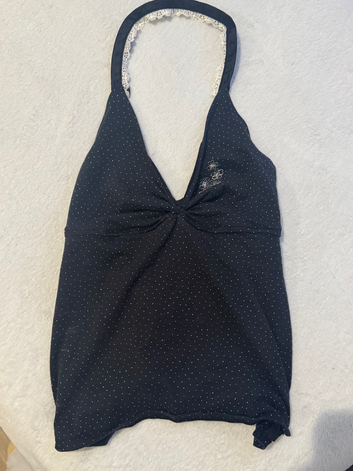 Black and White Dotted Shirt with Ruching, Lace, and Floral Embroidery