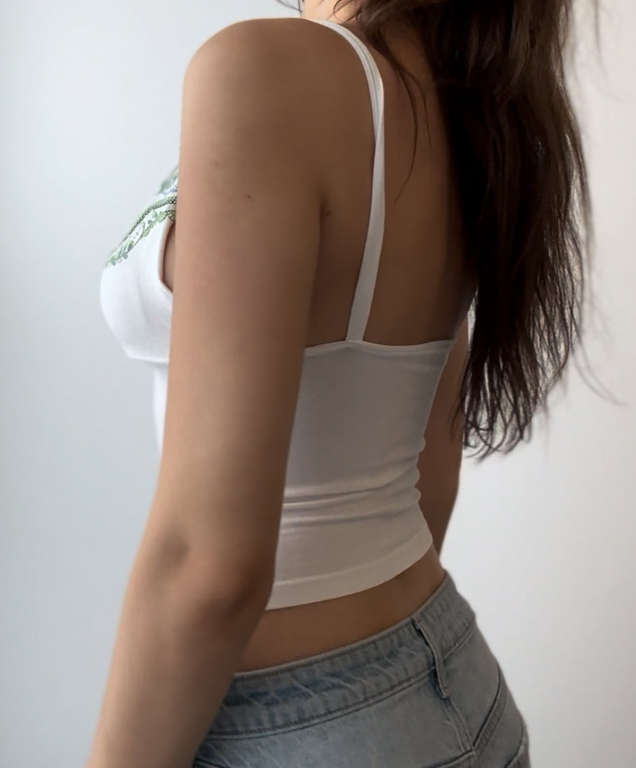White Top with Green and Blue Embroidery