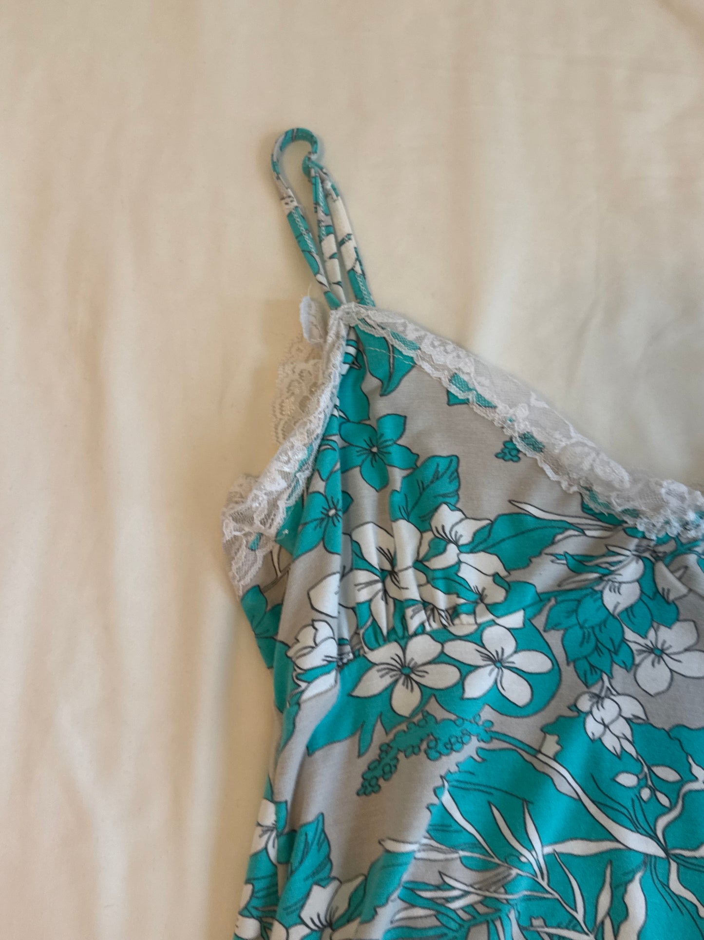 Y2K Teal and Blue Floral Cami with Lace