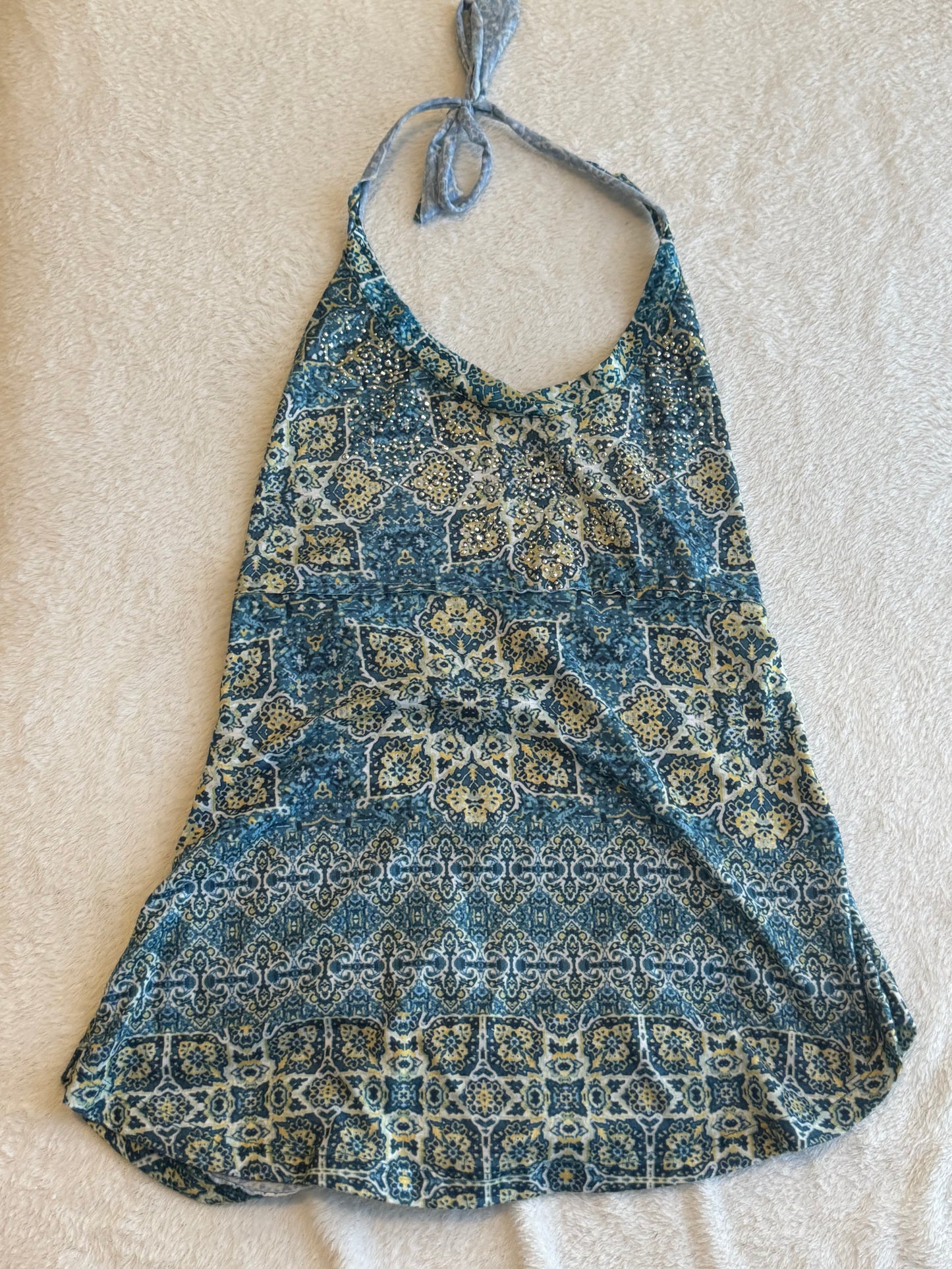 Blue and Yellow Halter Top with Unique Design