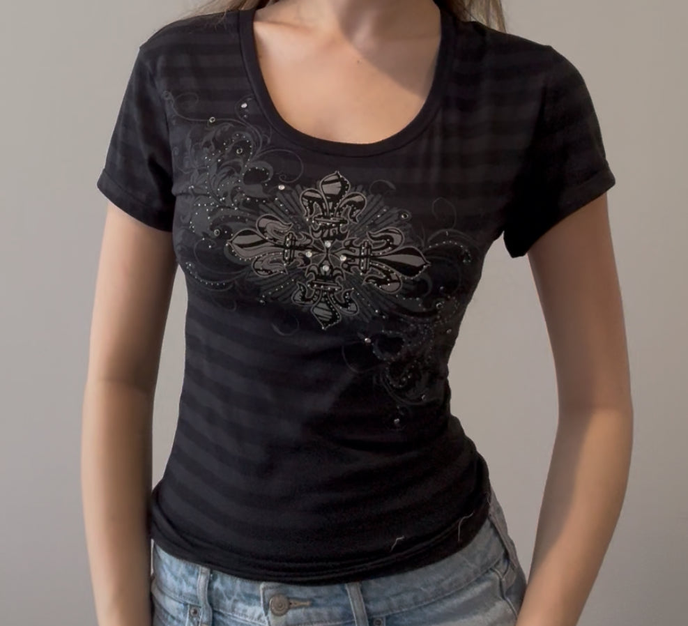 Y2K Black Striped Baby Tee with Sequins