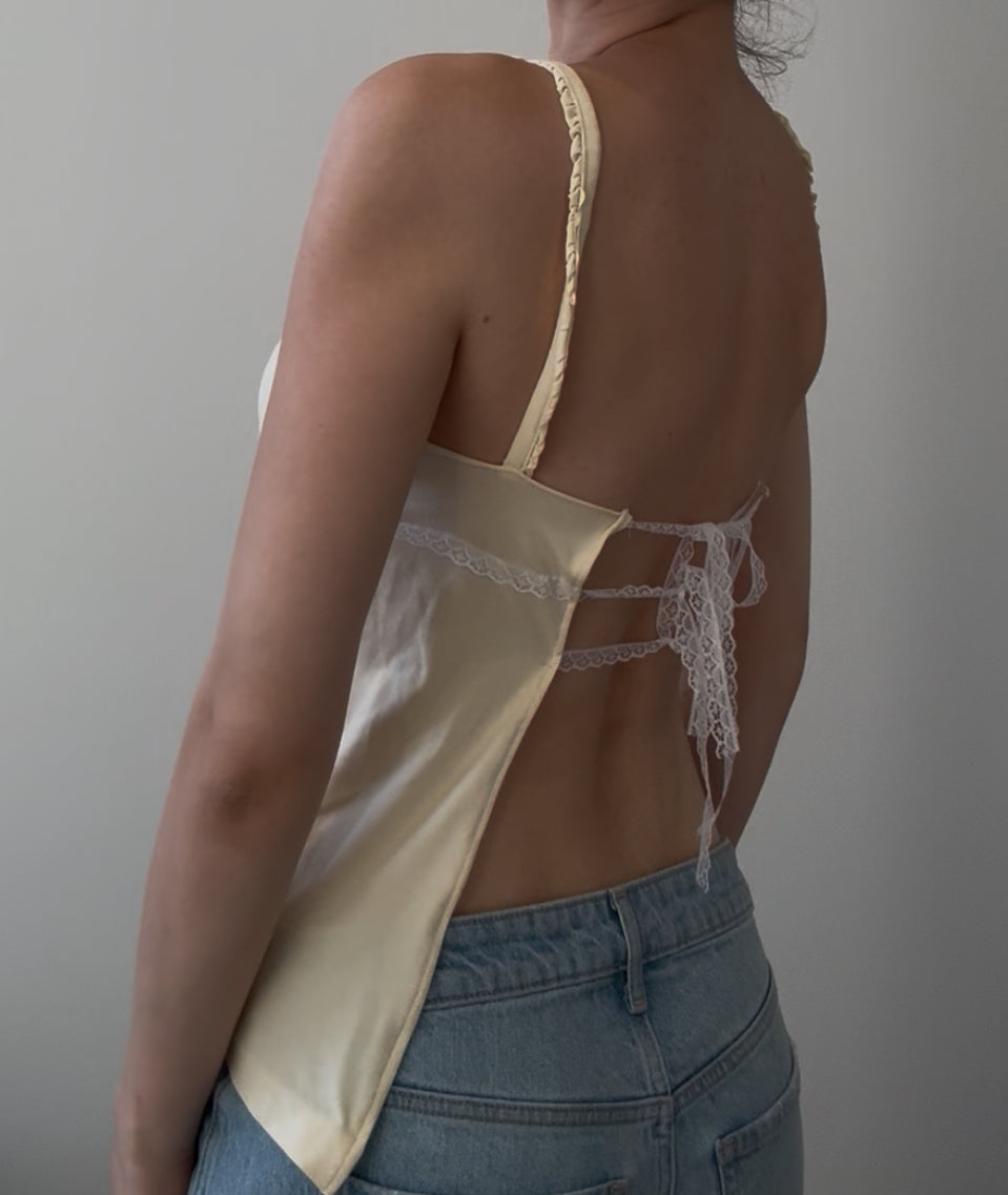 Yellow Cami with Ruching, Lace accents, and Adjustable Lace Ties