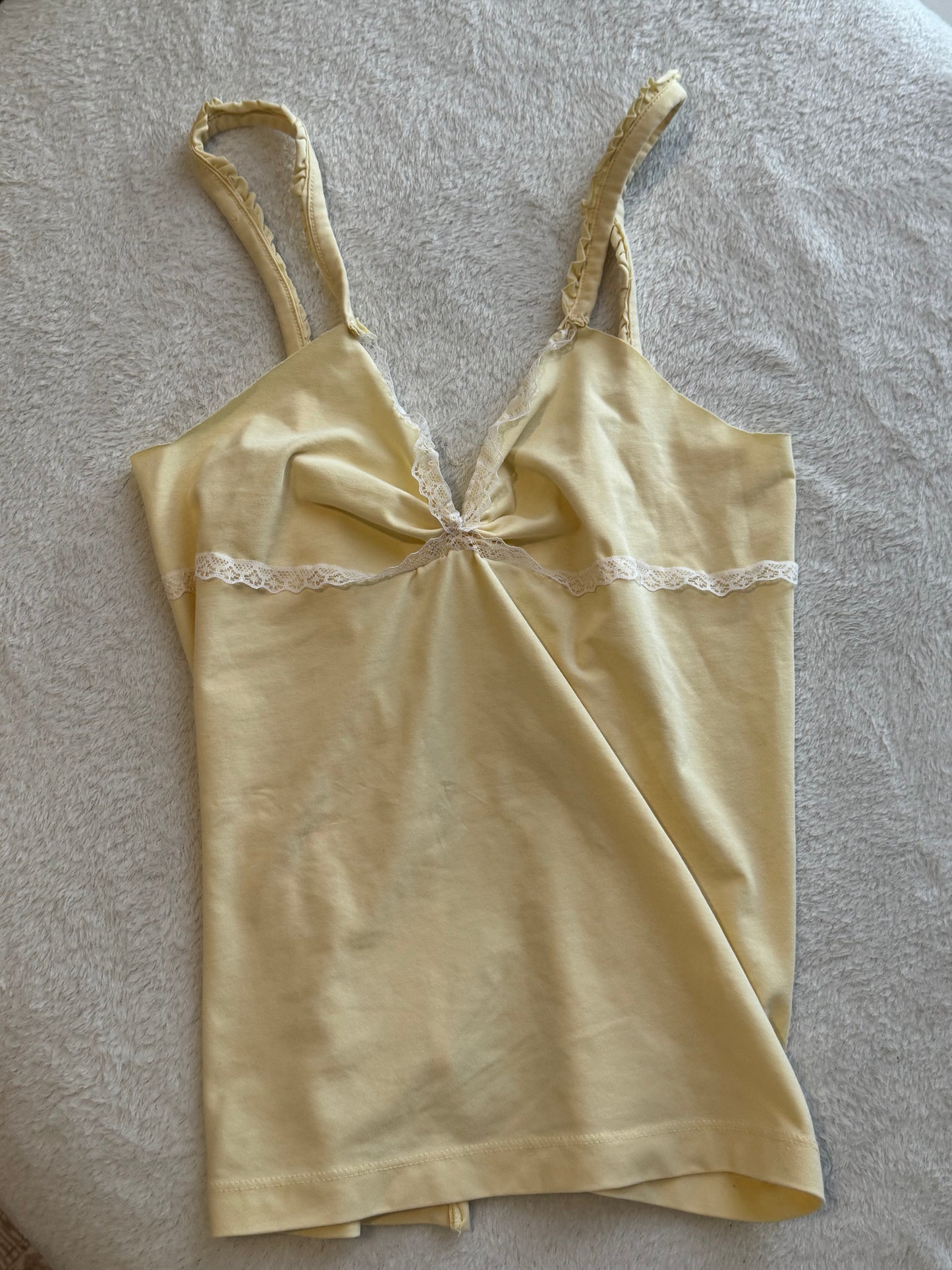 Yellow Cami with Ruching, Lace accents, and Adjustable Lace Ties