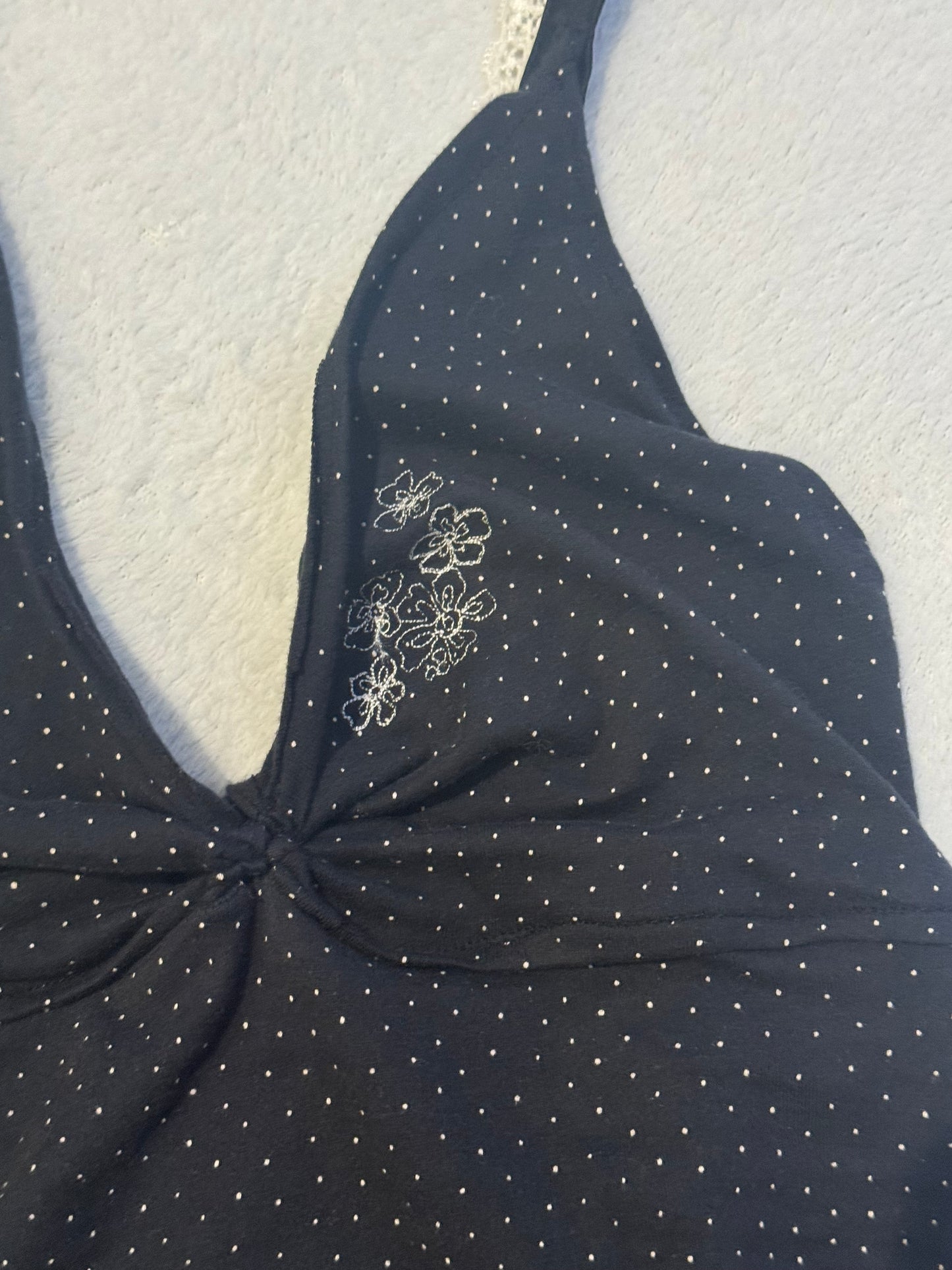 Black and White Dotted Shirt with Ruching, Lace, and Floral Embroidery