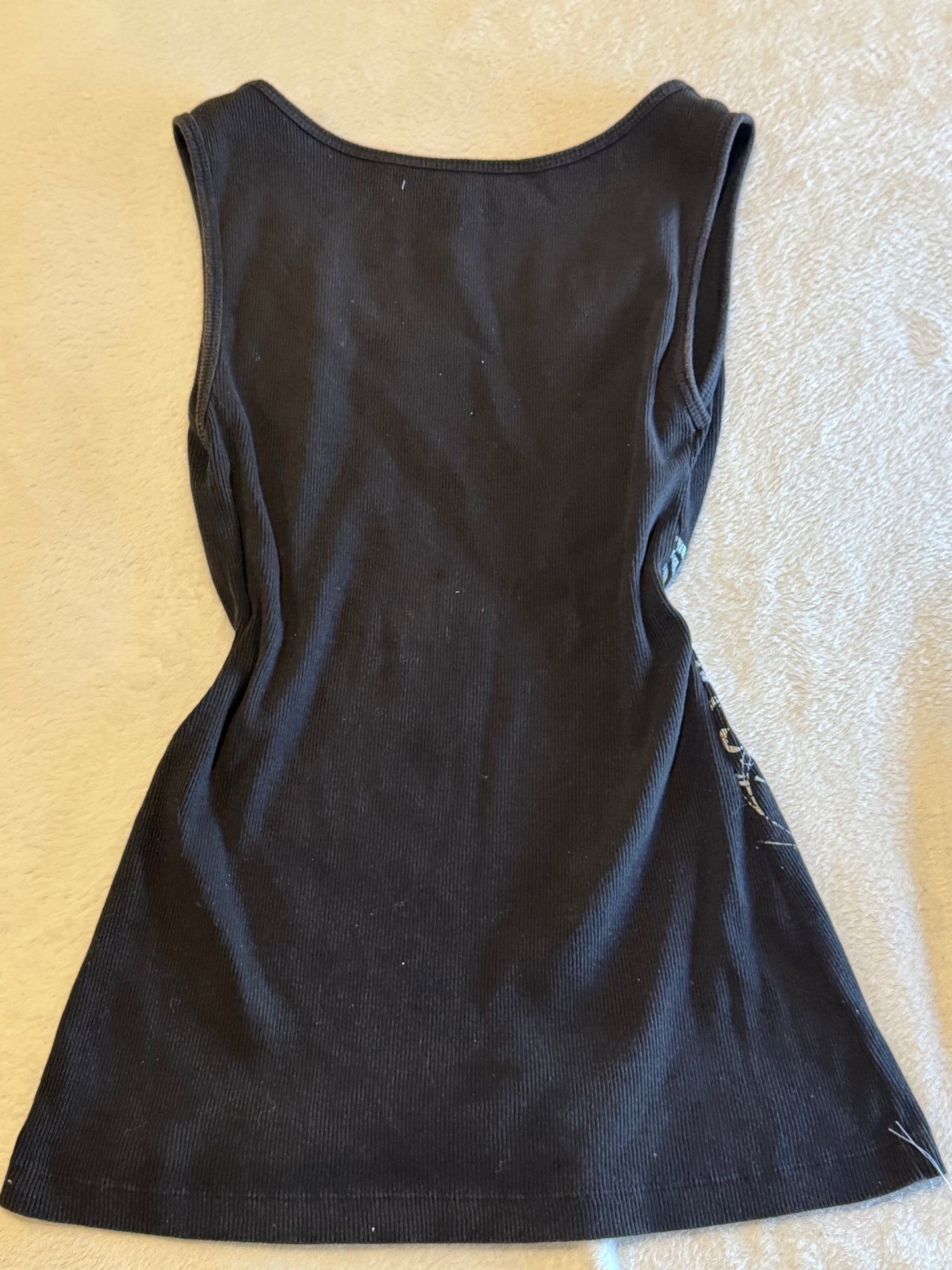 Fitted Black Tank Top with White Floral Design
