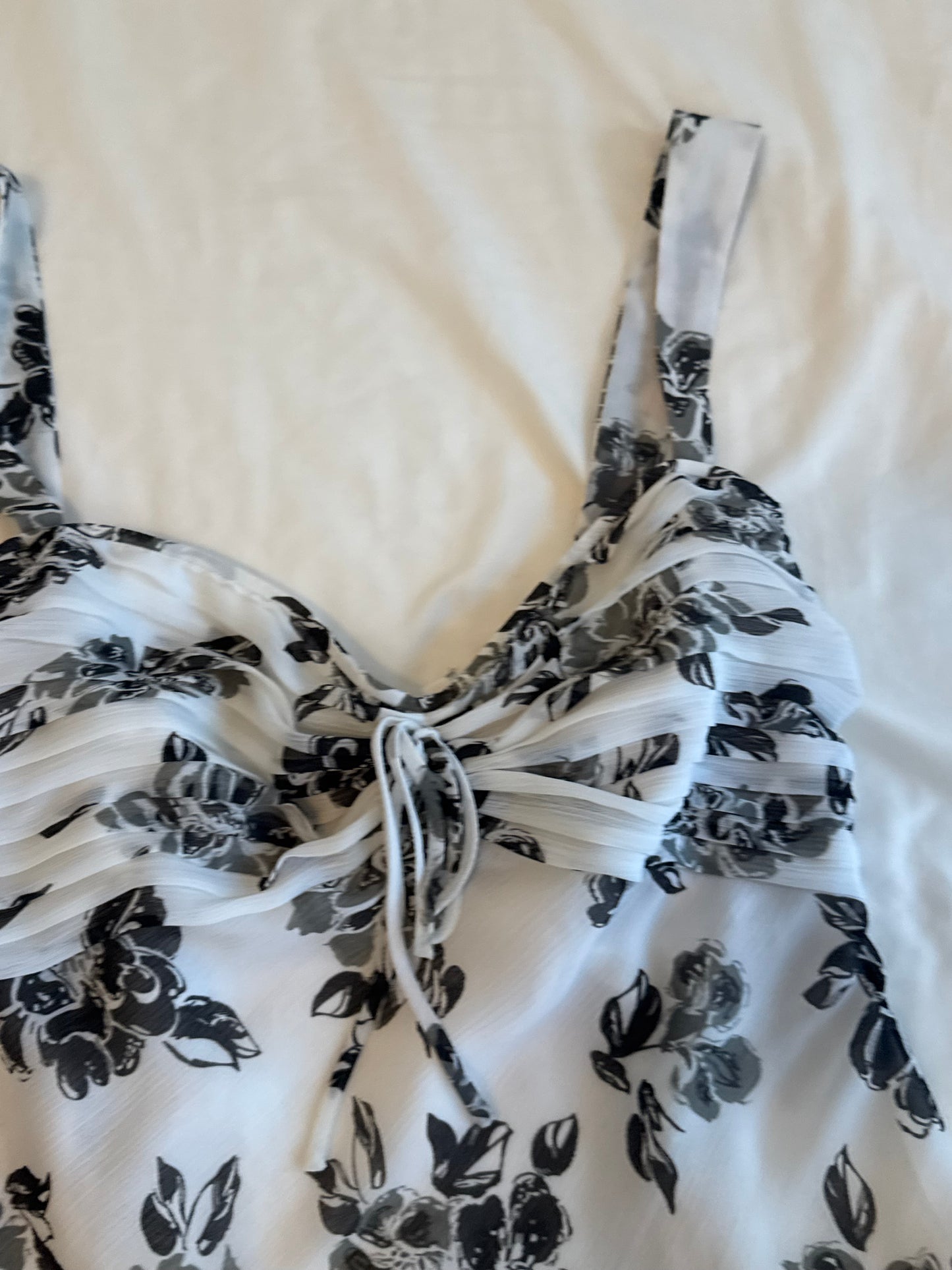 Black and White Floral Top with Lace Back Ties