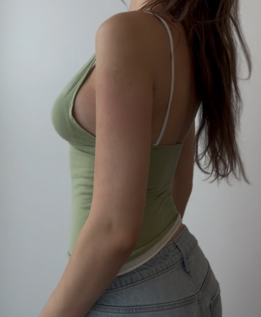 Fitted Green Top with White Straps and Waistband