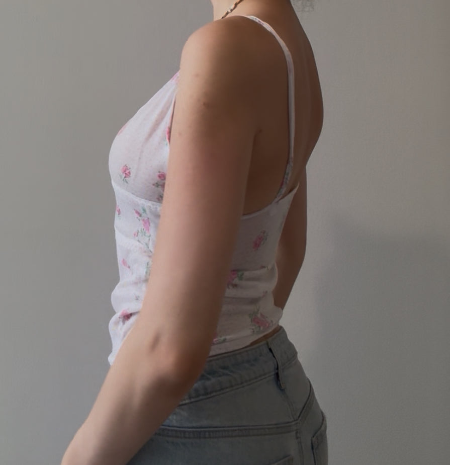 White and Pink Floral Top with Lace