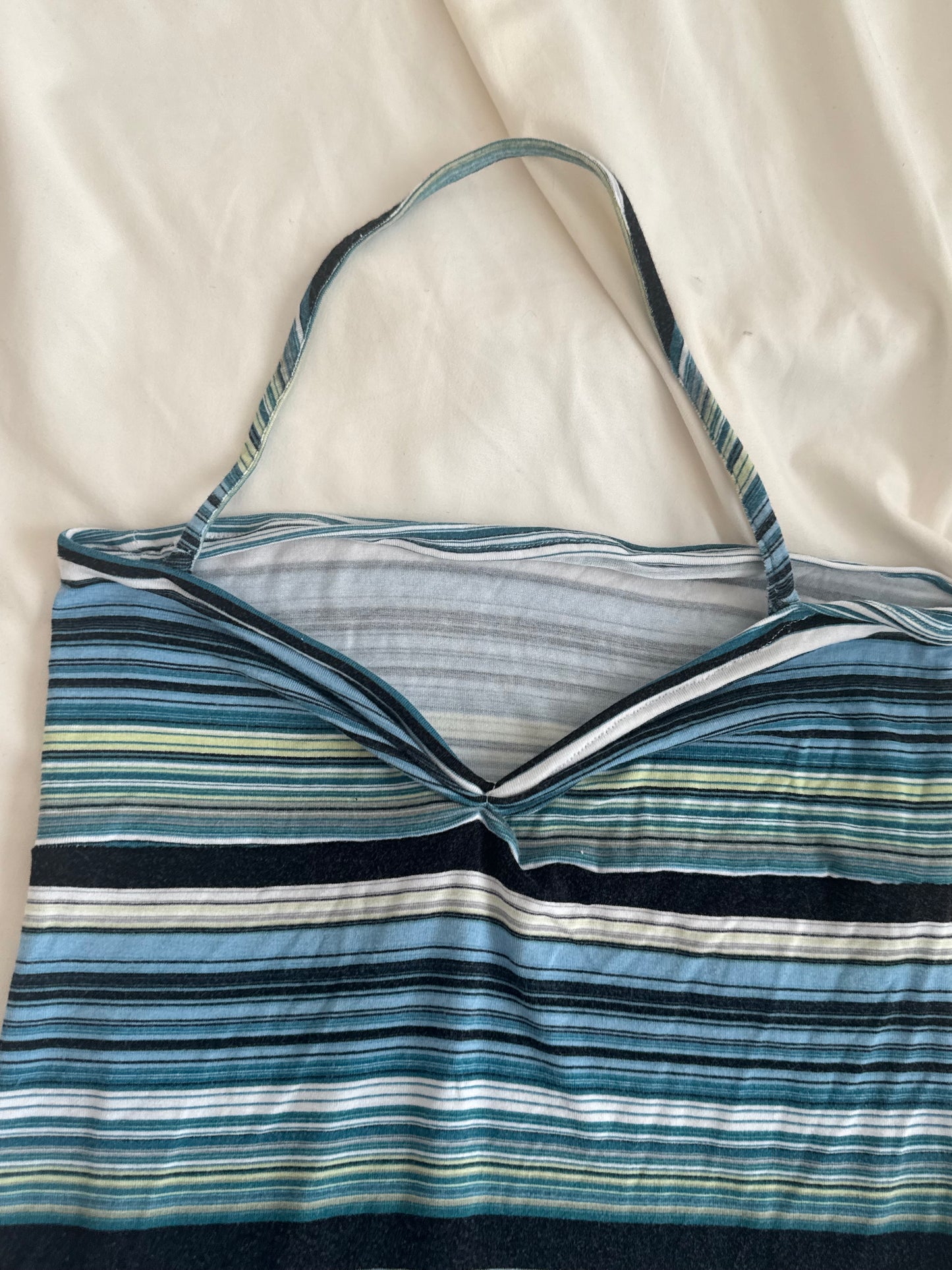 Blue, White, and Black Striped Halter Top