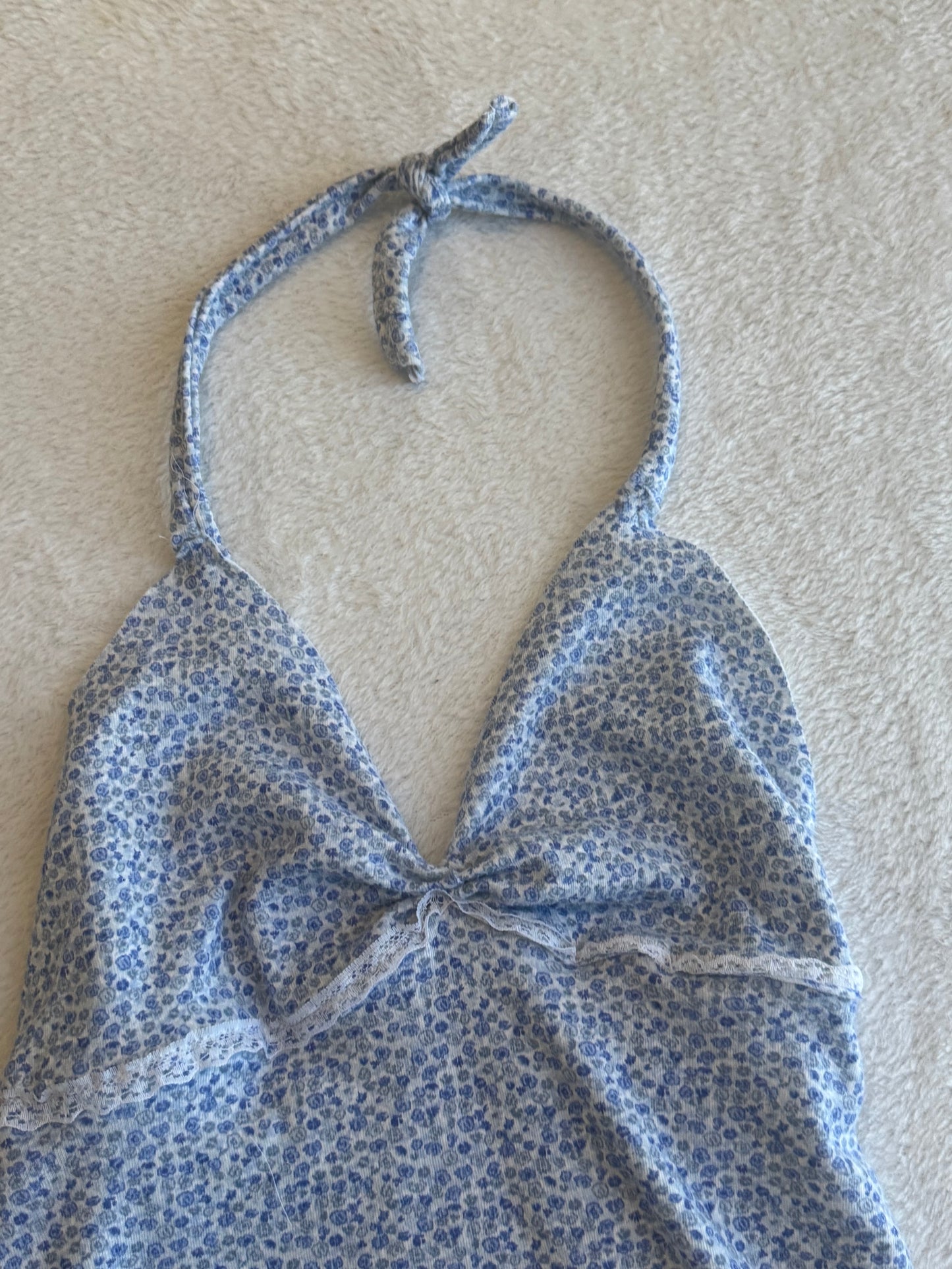 Blue and White Floral Halter Top with Lace