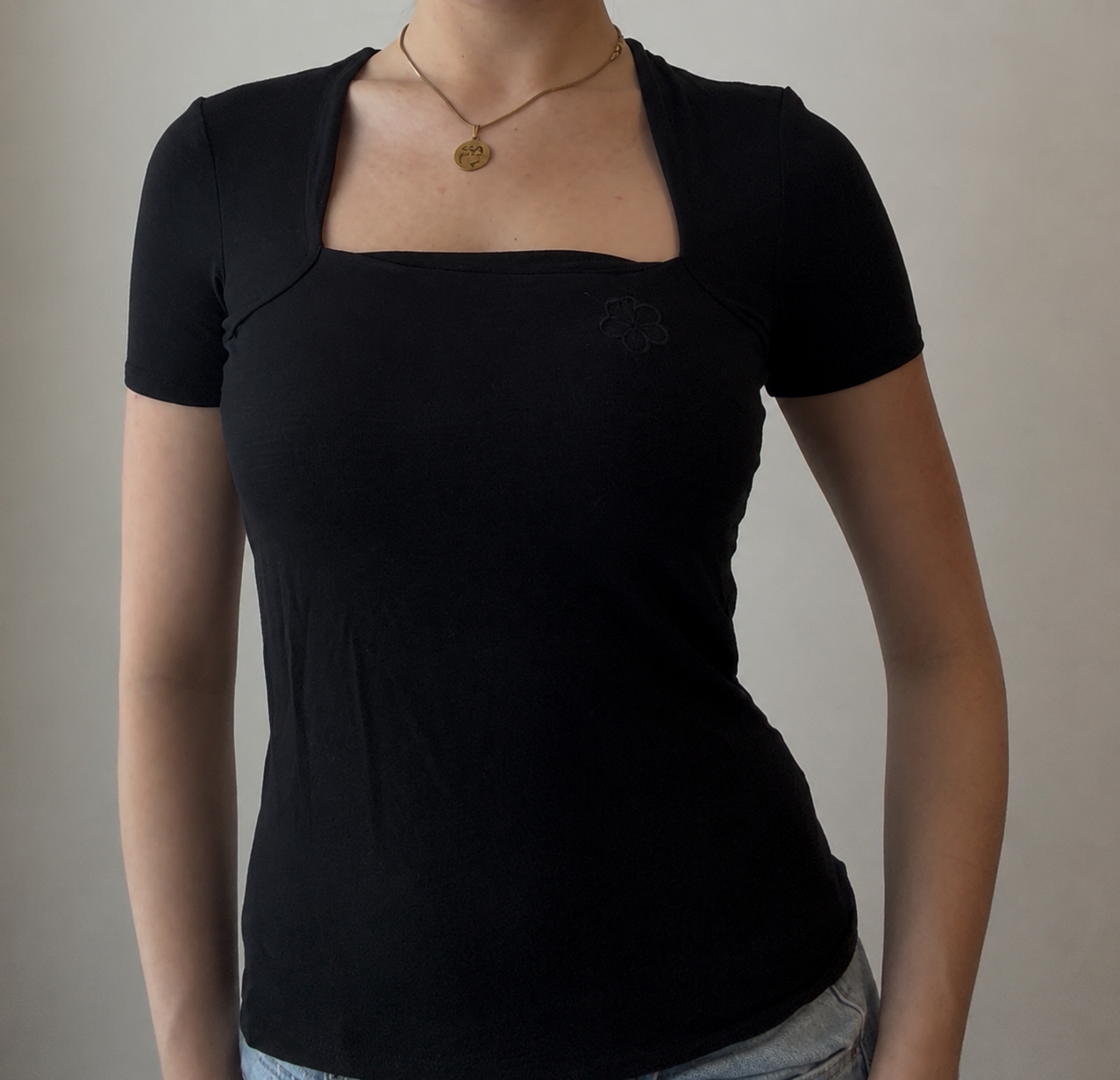 Black Top with Dainty Floral Embrodiery