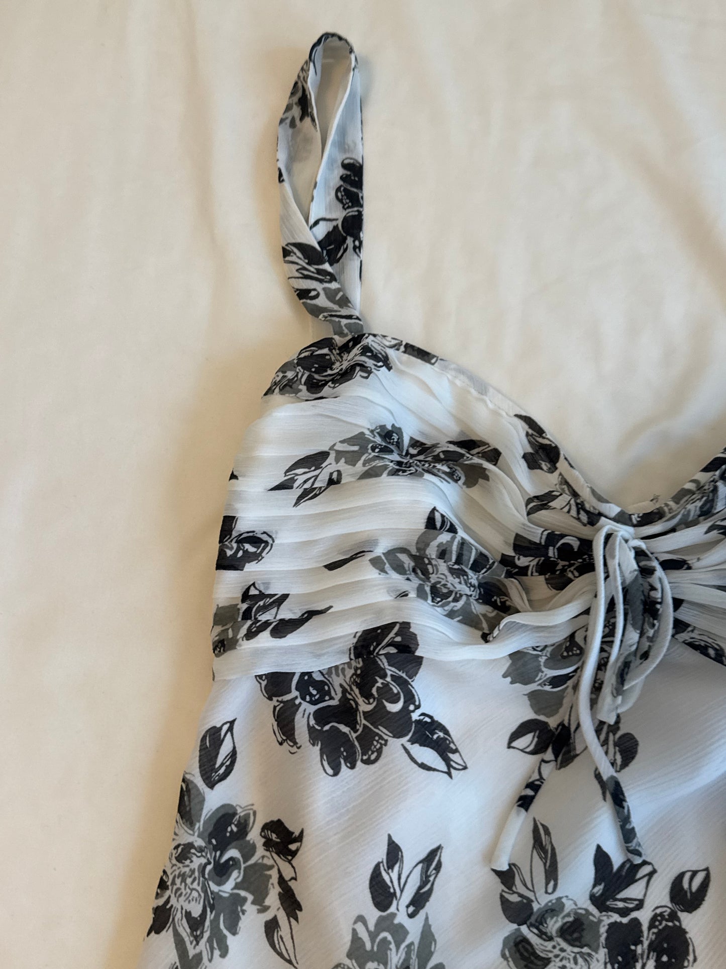 Black and White Floral Top with Lace Back Ties