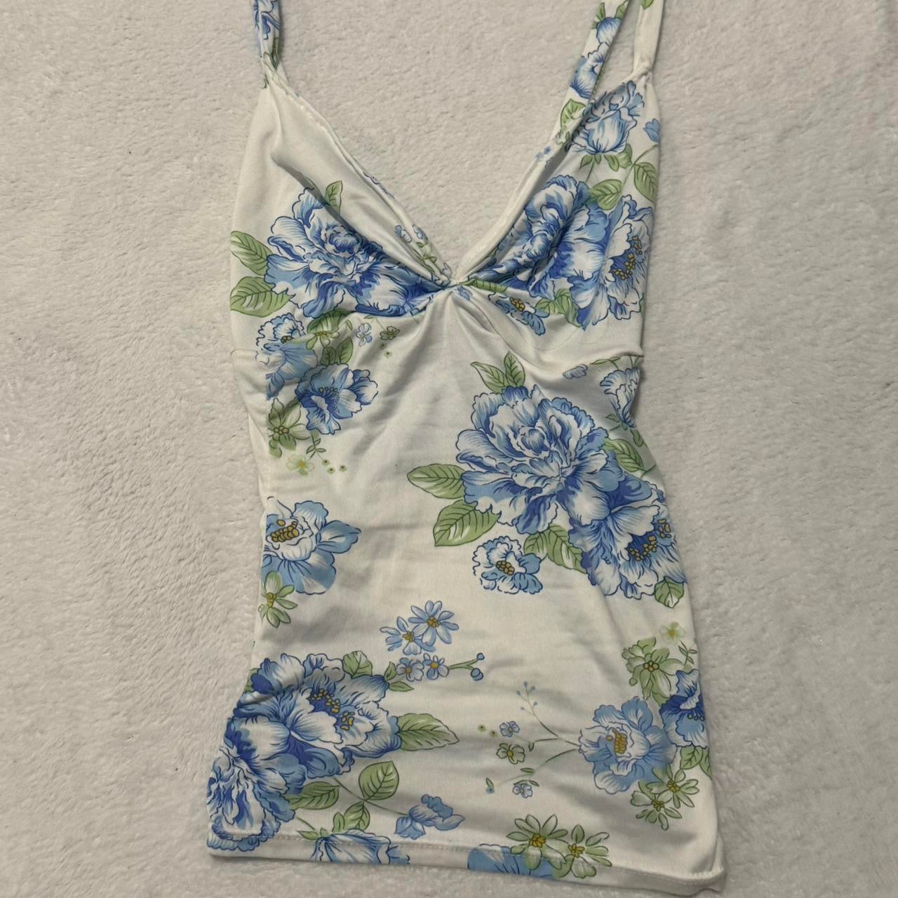 White Top with Blue and Green Floral Pattern