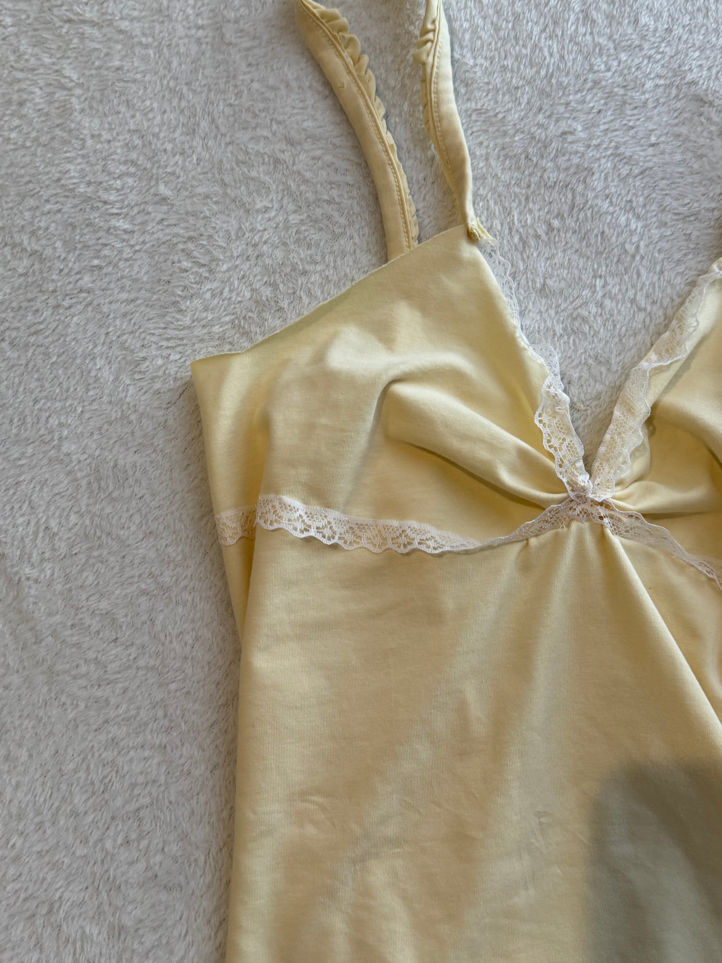 Yellow Cami with Ruching, Lace accents, and Adjustable Lace Ties