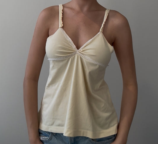 Yellow Cami with Ruching, Lace accents, and Adjustable Lace Ties