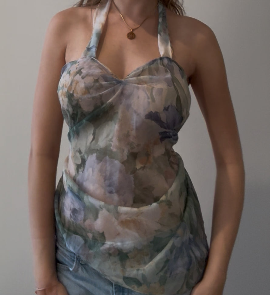 Flowy Floral Halter Top with Tie Neck and Back
