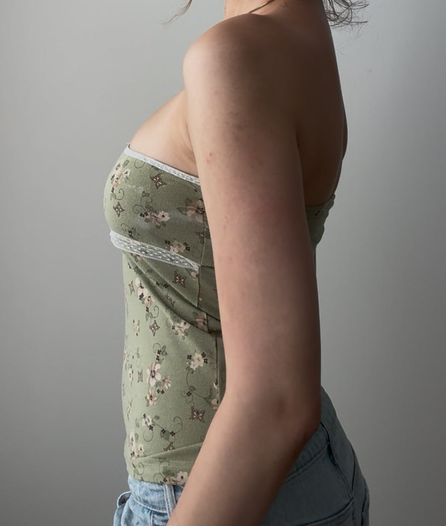Green Floral Tube Top with Lace and Bow