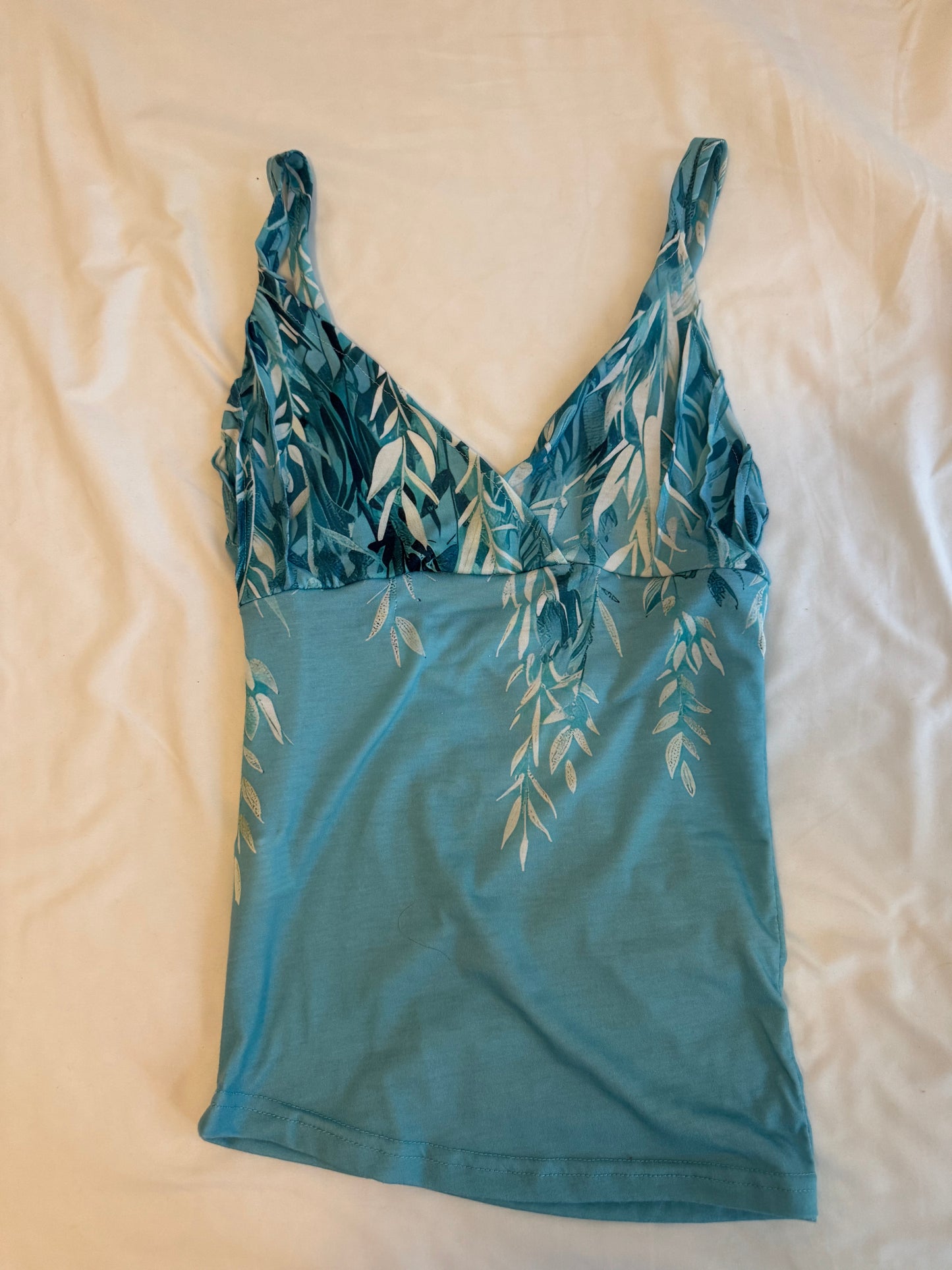 Pleated Y2K Teal Top with Floral Design
