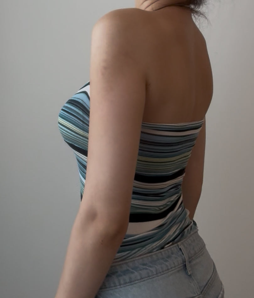 Blue, White, and Black Striped Halter Top