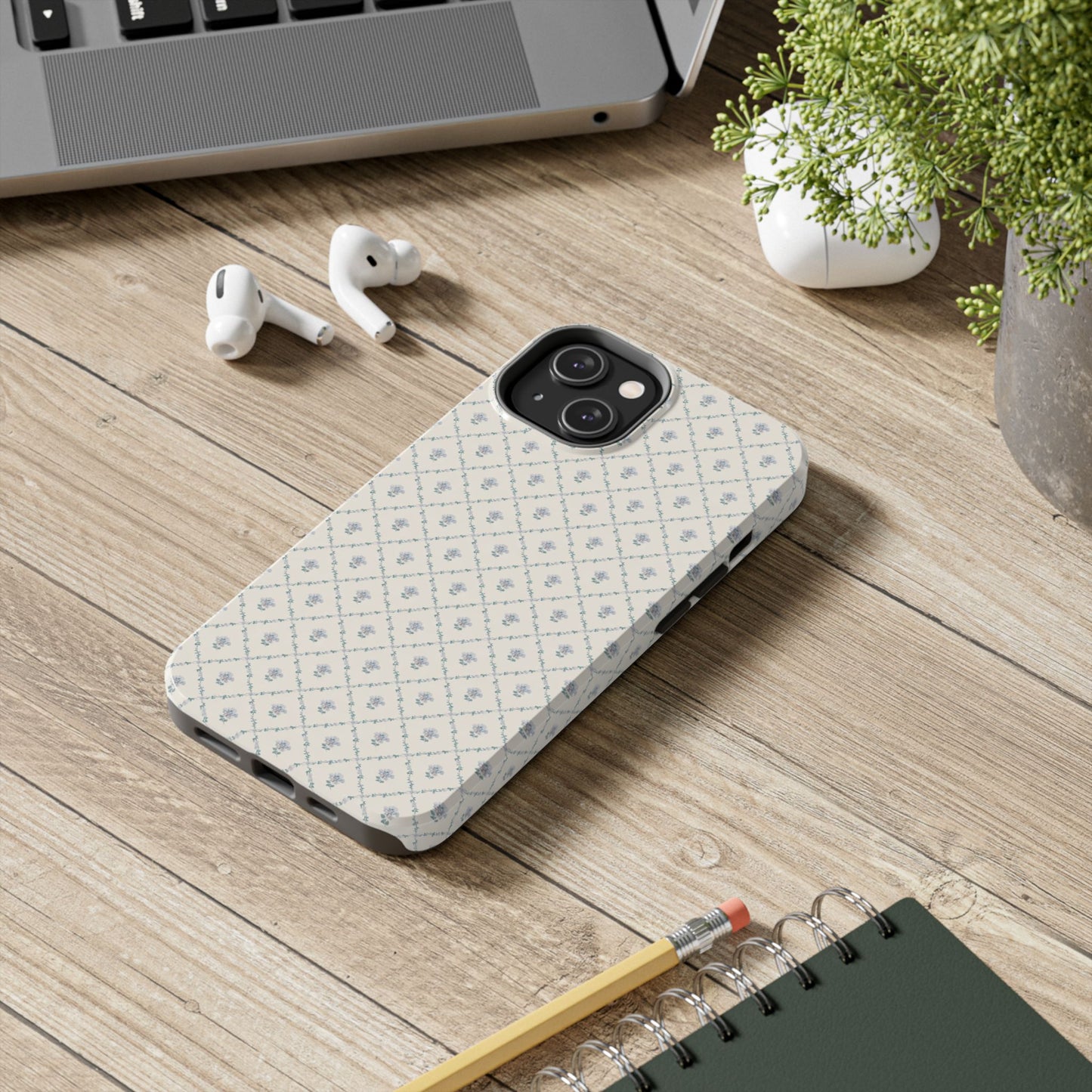 Vintage Blue Floral Wallpaper - Protective Phone Case