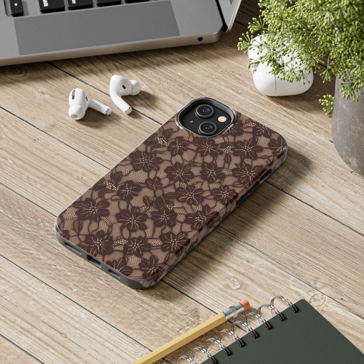 Brown Floral Lace - Protective Phone Case
