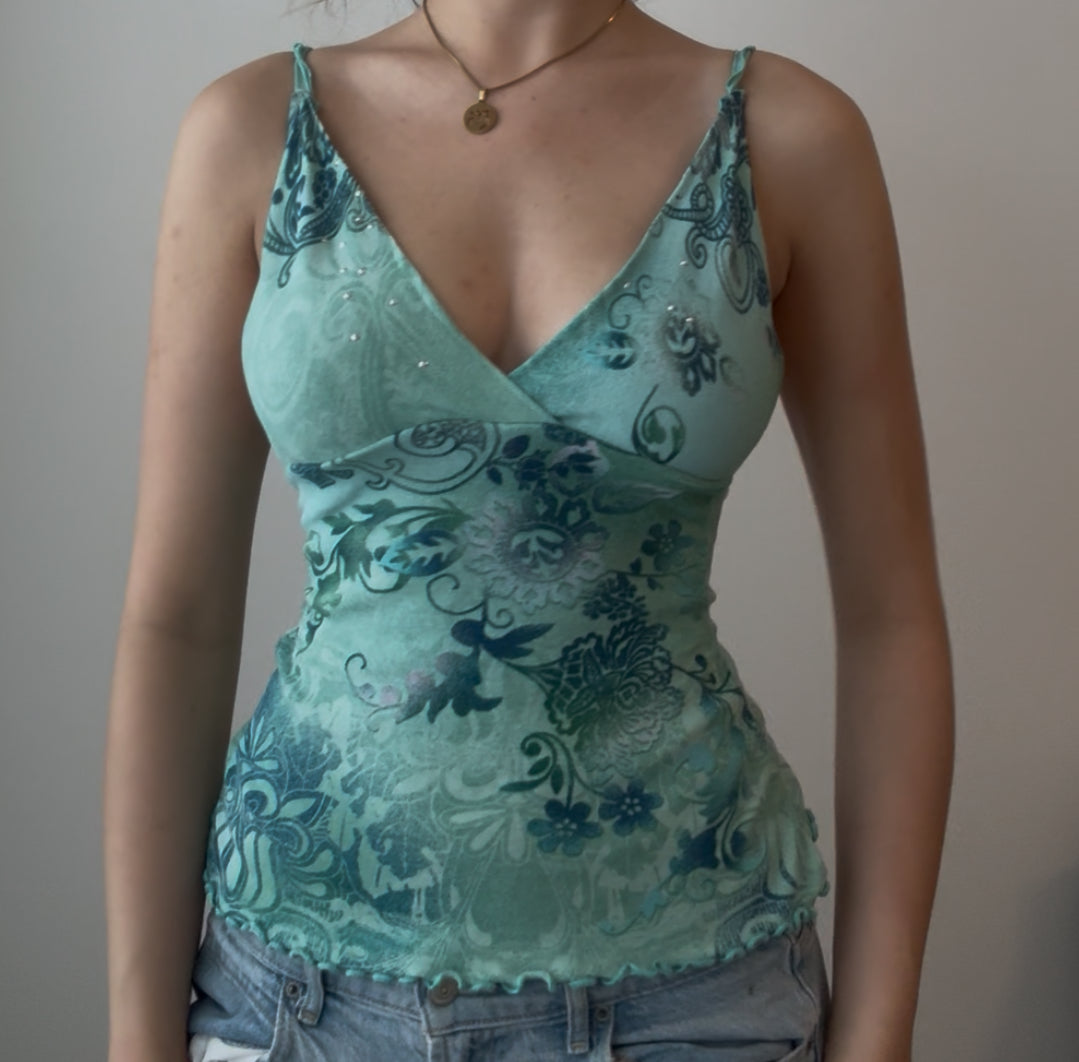 Green Top with Unique Design, Sequins, and Ruffled Straps