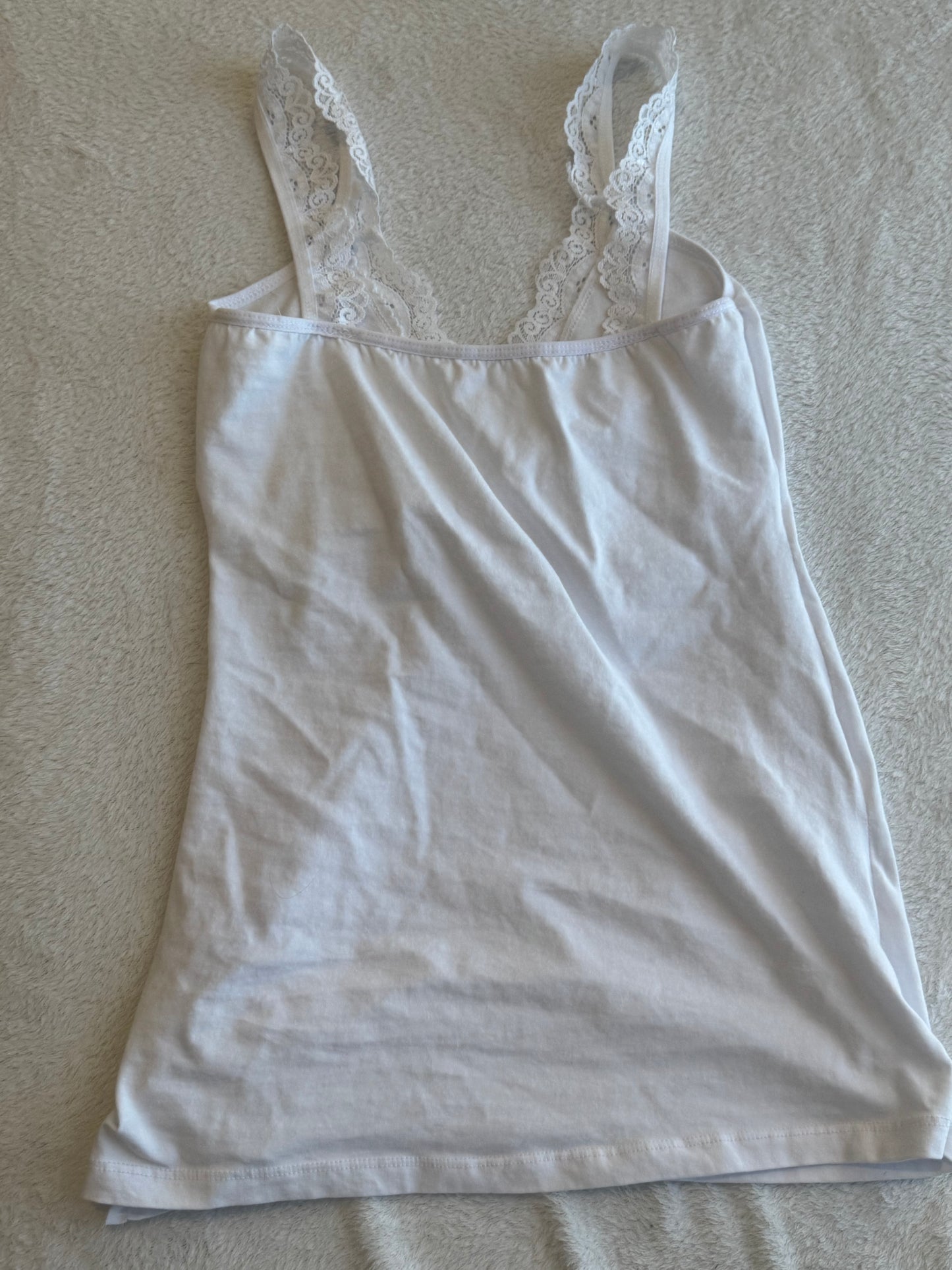 White Cami with Lace, Ruching, and Bow Detail