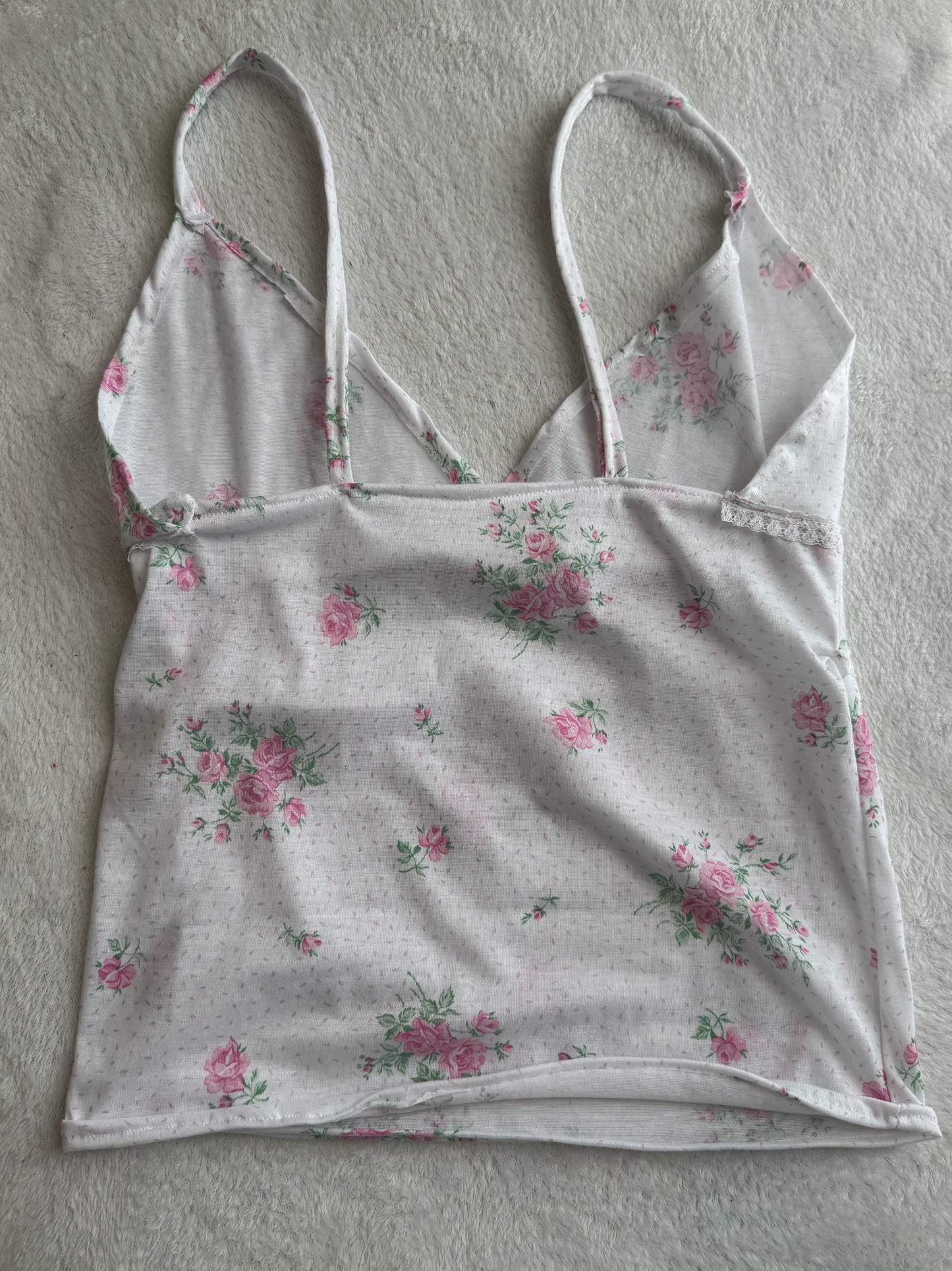 White and Pink Floral Top with Lace