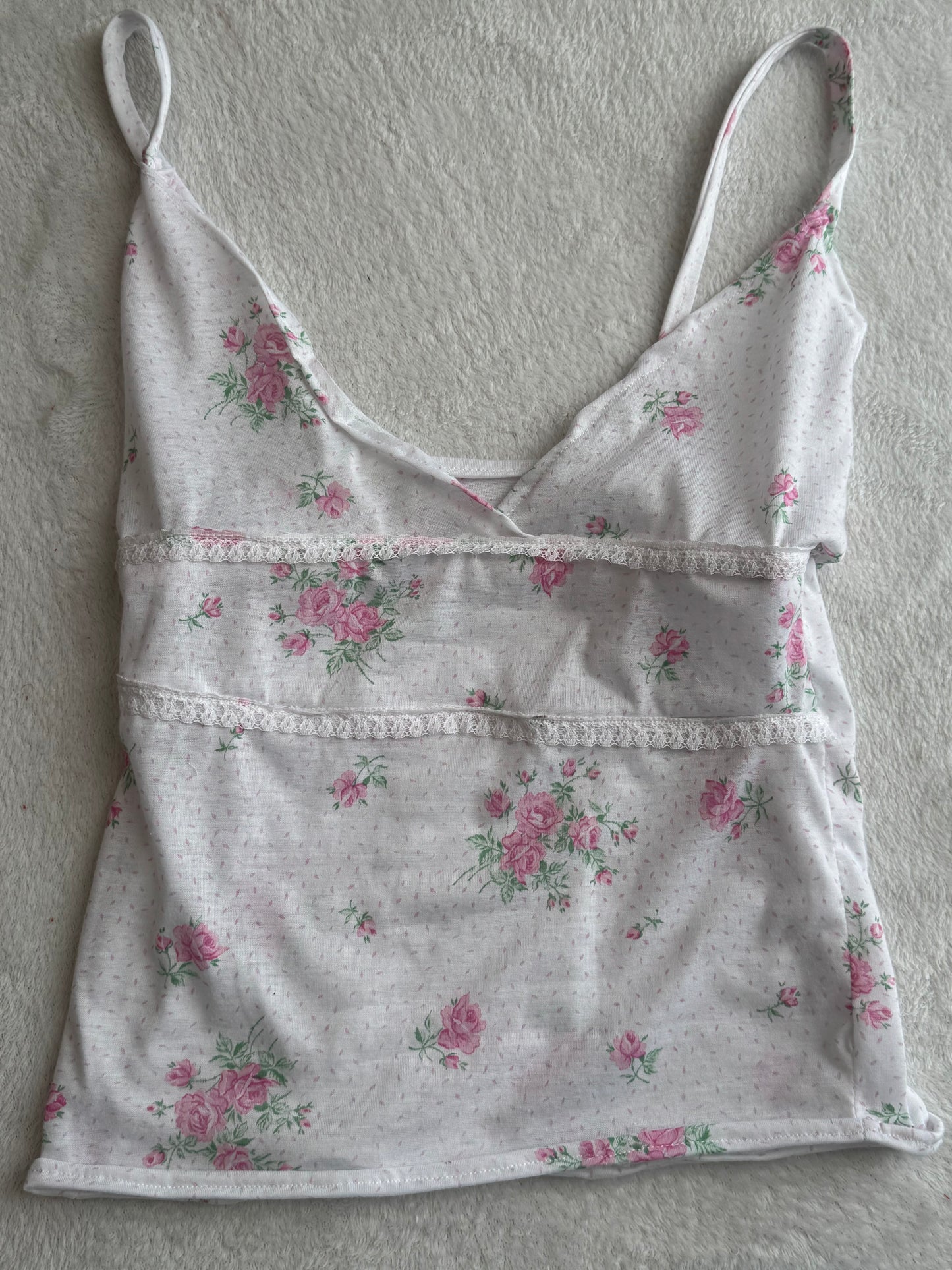 White and Pink Floral Top with Lace