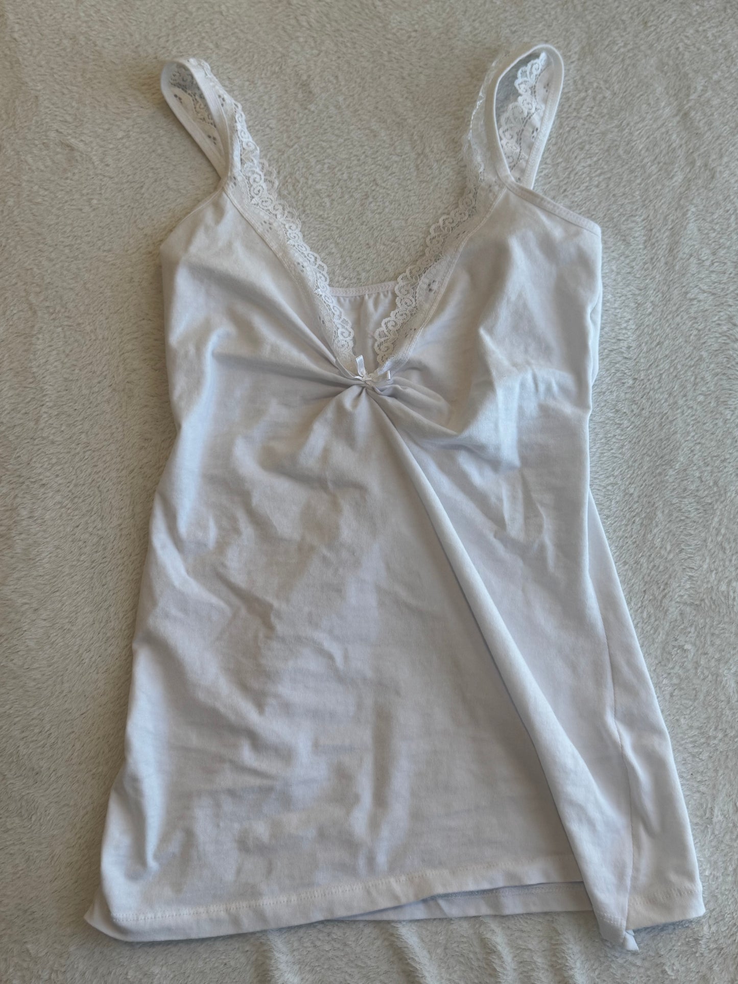 White Cami with Lace, Ruching, and Bow Detail