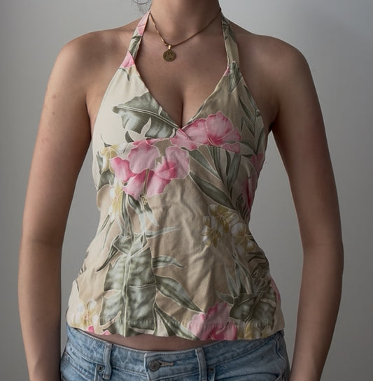 Beige Floral Halter Top with Adjustable Straps