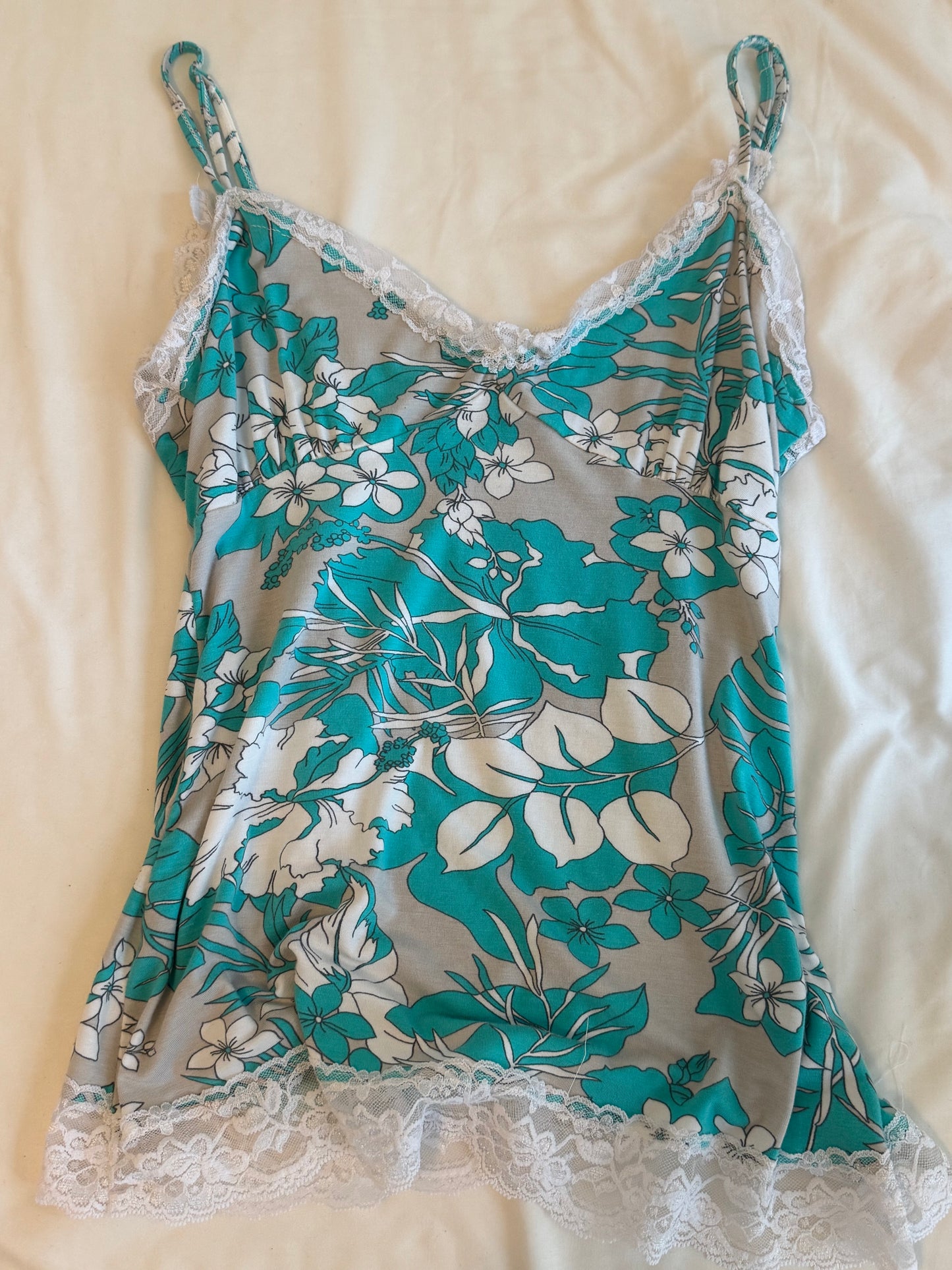 Y2K Teal and Blue Floral Cami with Lace
