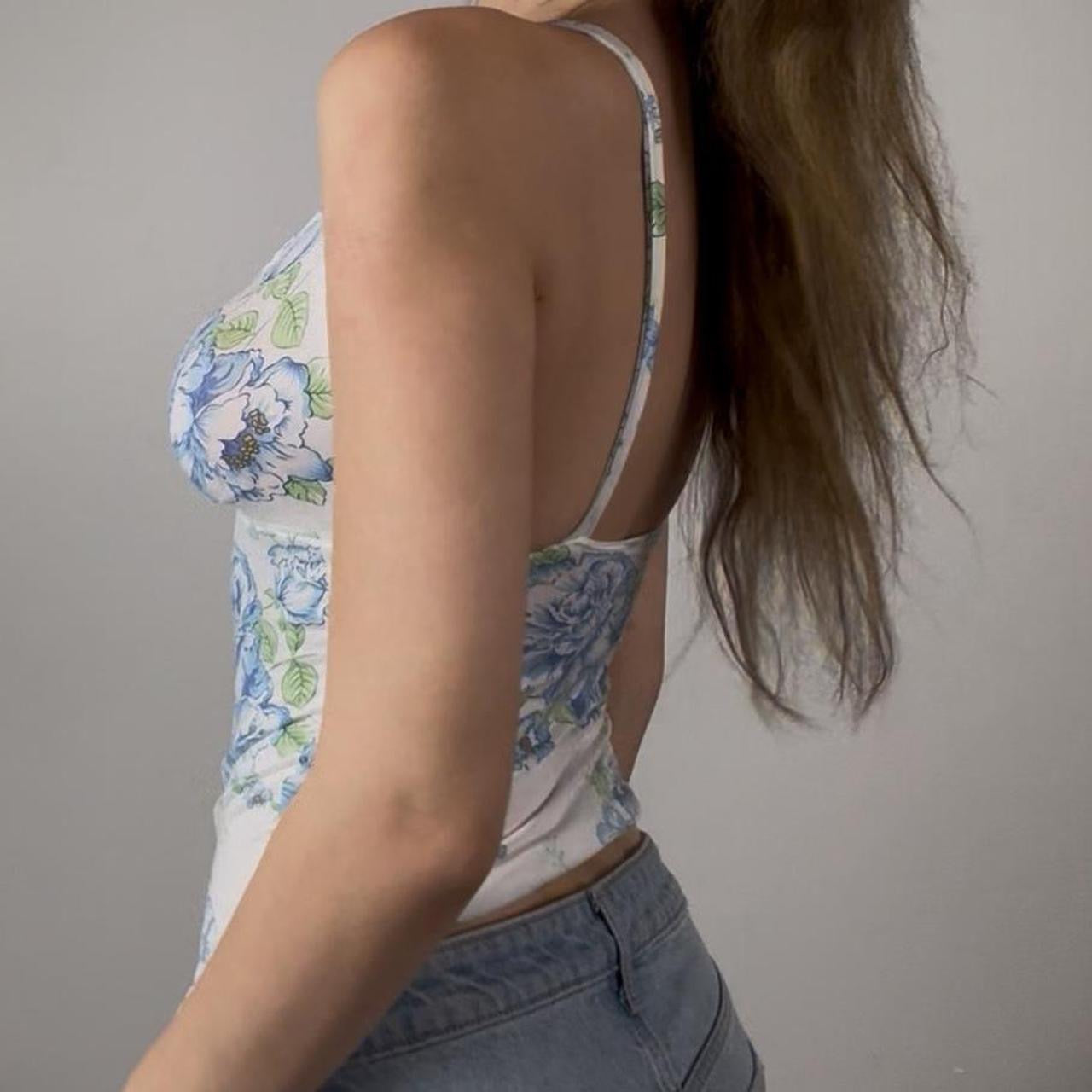 White Top with Blue and Green Floral Pattern