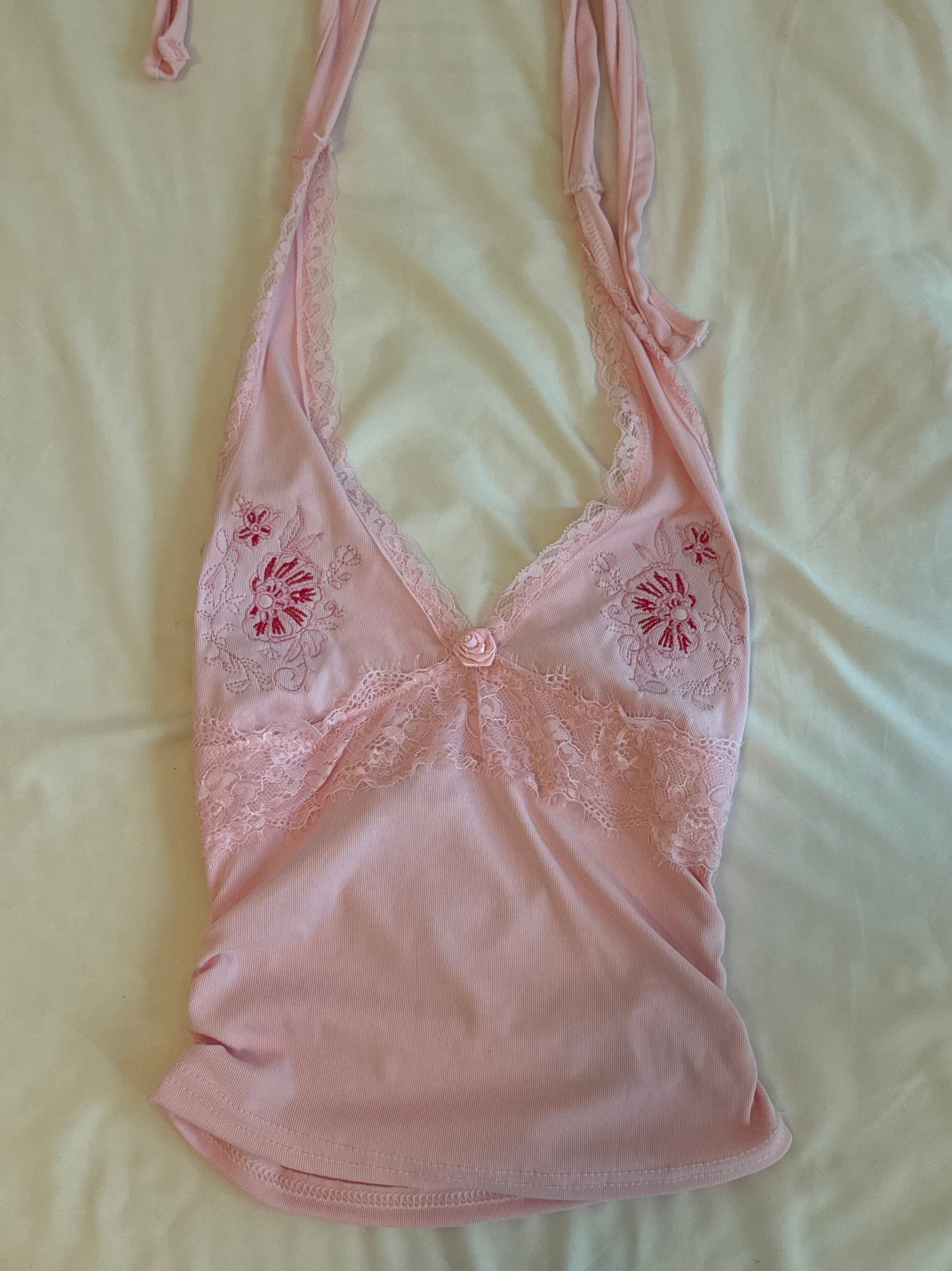 Pink Floral Halter Top with Rose and Embroidery